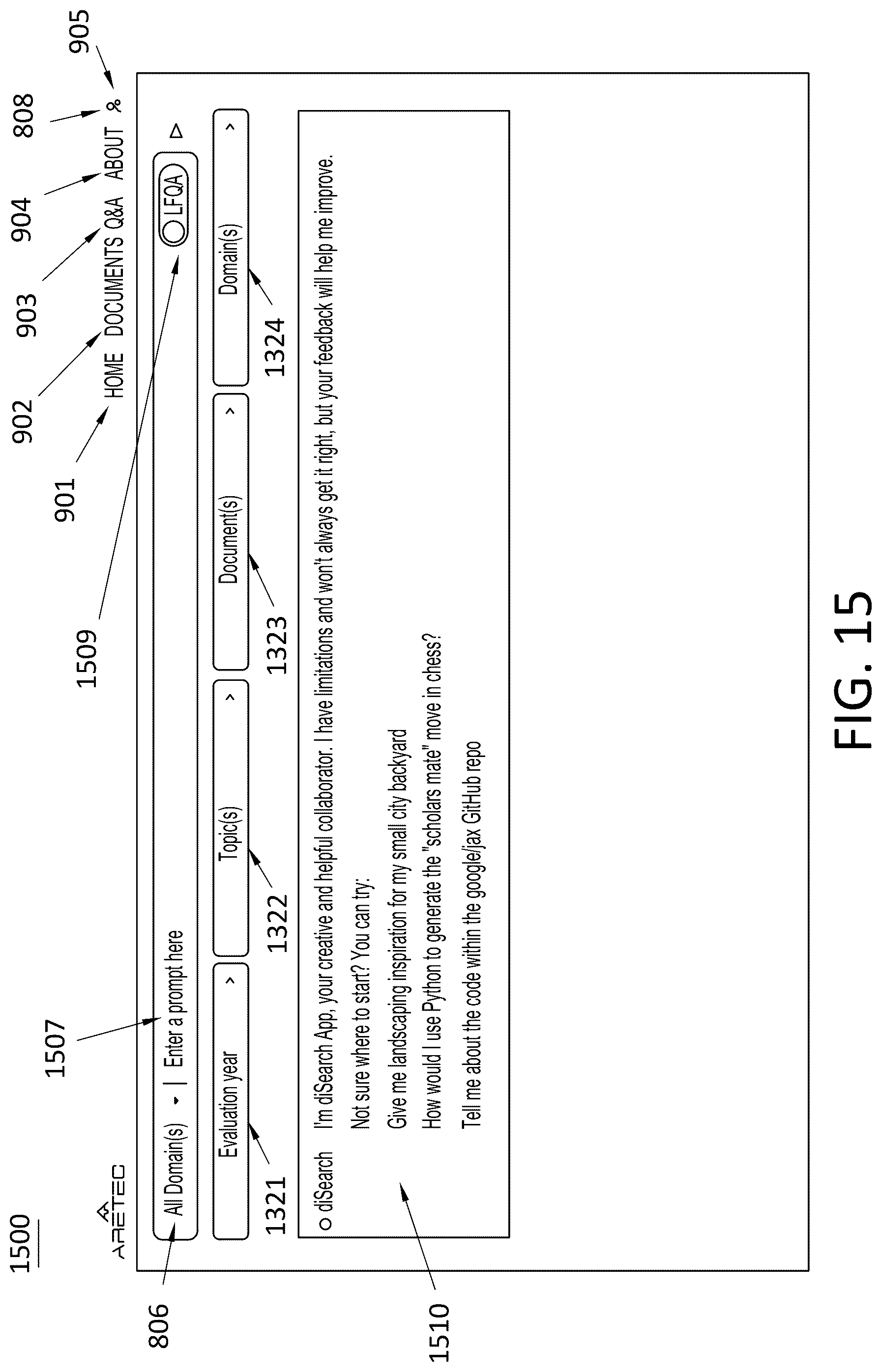Patent US12105729 Figure 15 – System and method for providing a governed search program using generative AI and large language learning models