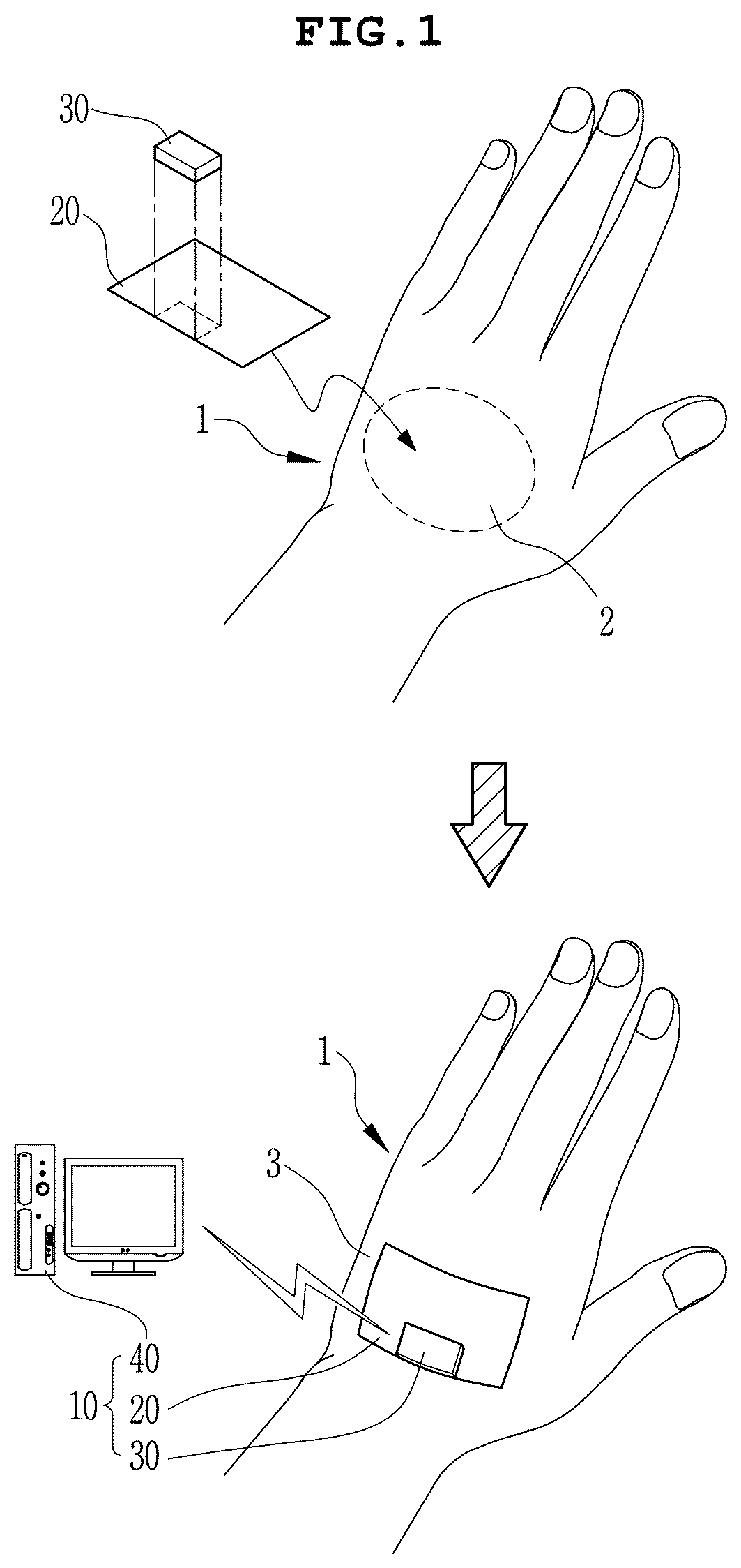 Patent US12105888 Figure 1 – Gesture detection sensor, reader module, and gesture detection system