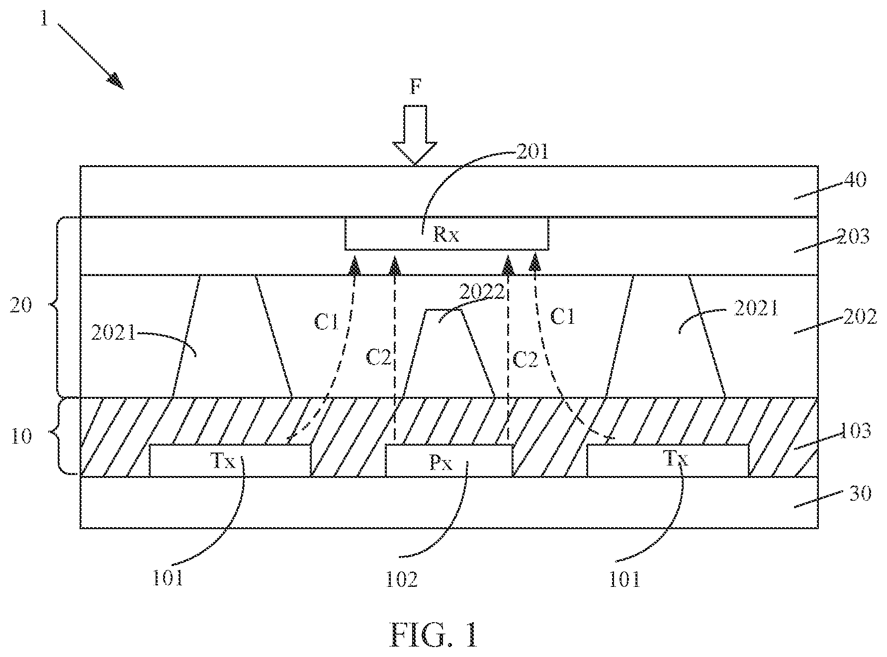 Patent US12105919 Figure 1 – Three-dimensional touch sensor and display device