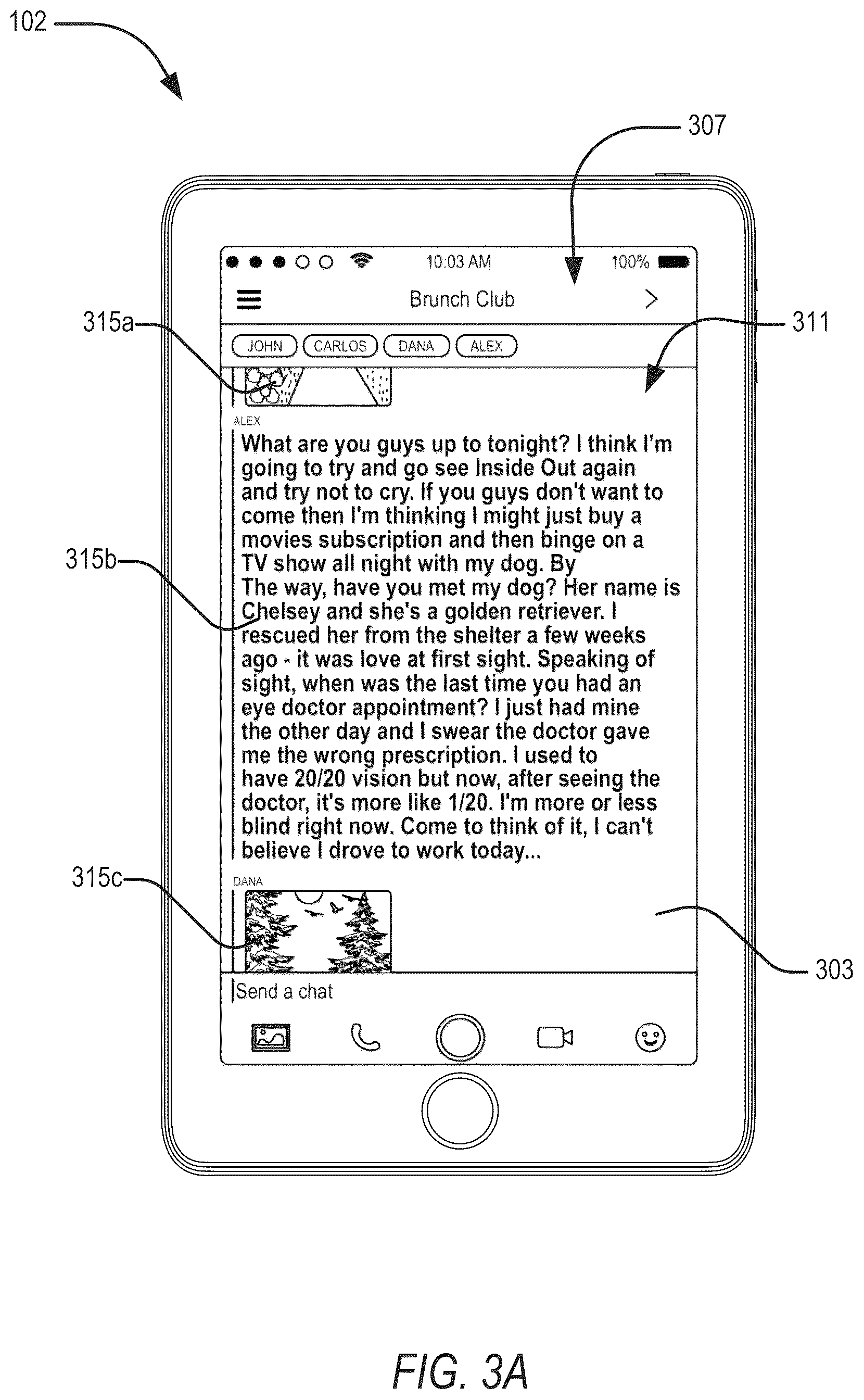 Patent US12105931 Figure 3 – Contextual action mechanisms in chat user interfaces