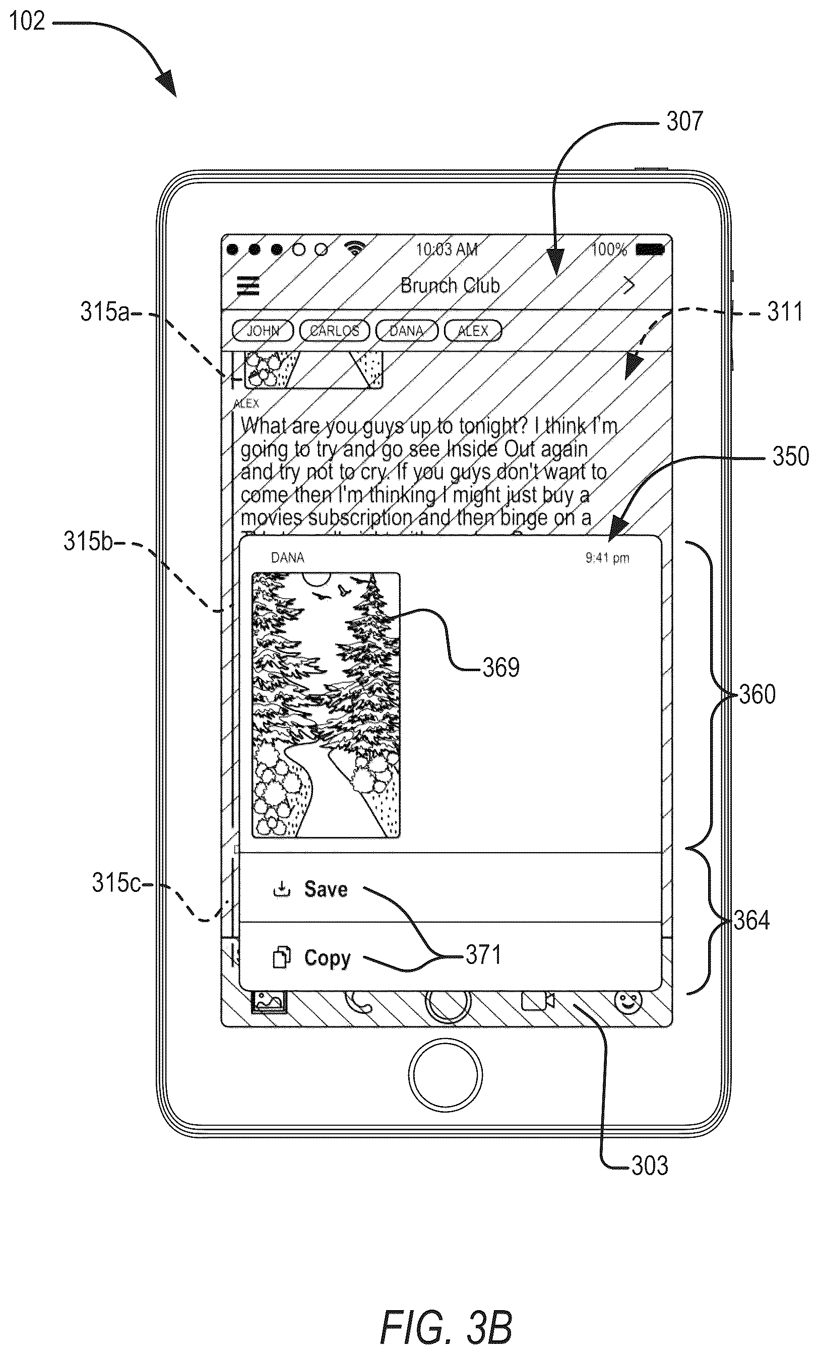 Patent US12105931 Figure 4 – Contextual action mechanisms in chat user interfaces