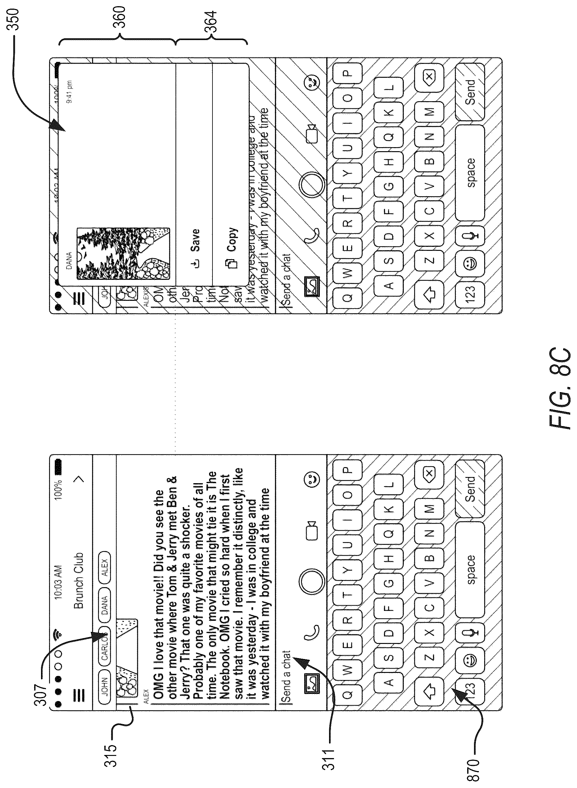 Patent US12105931 Figure 11 – Contextual action mechanisms in chat user interfaces