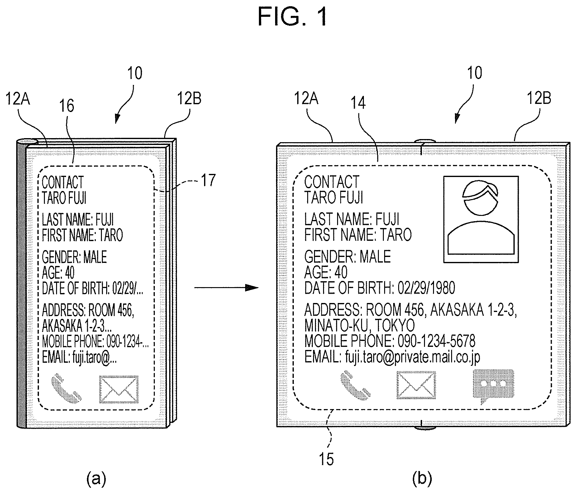 Patent US12106005 Figure 1 – Foldable information processing device with two display bodies and non-transitory computer readable medium, for displaying images in folded and unfolded states, including displaying a notification that provision information exists for display on one or more sides of the two display bodies
