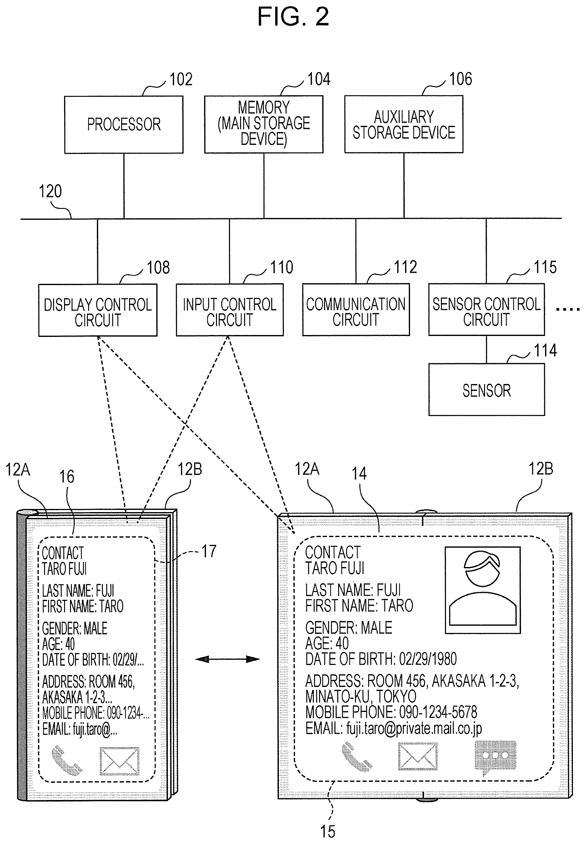 Patent US12106005 Figure 2 – Foldable information processing device with two display bodies and non-transitory computer readable medium, for displaying images in folded and unfolded states, including displaying a notification that provision information exists for display on one or more sides of the two display bodies