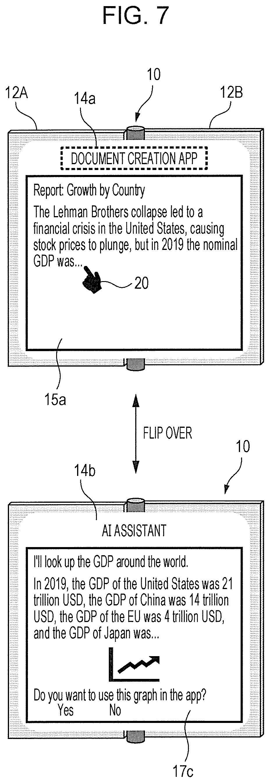 Patent US12106005 Figure 7 – Foldable information processing device with two display bodies and non-transitory computer readable medium, for displaying images in folded and unfolded states, including displaying a notification that provision information exists for display on one or more sides of the two display bodies