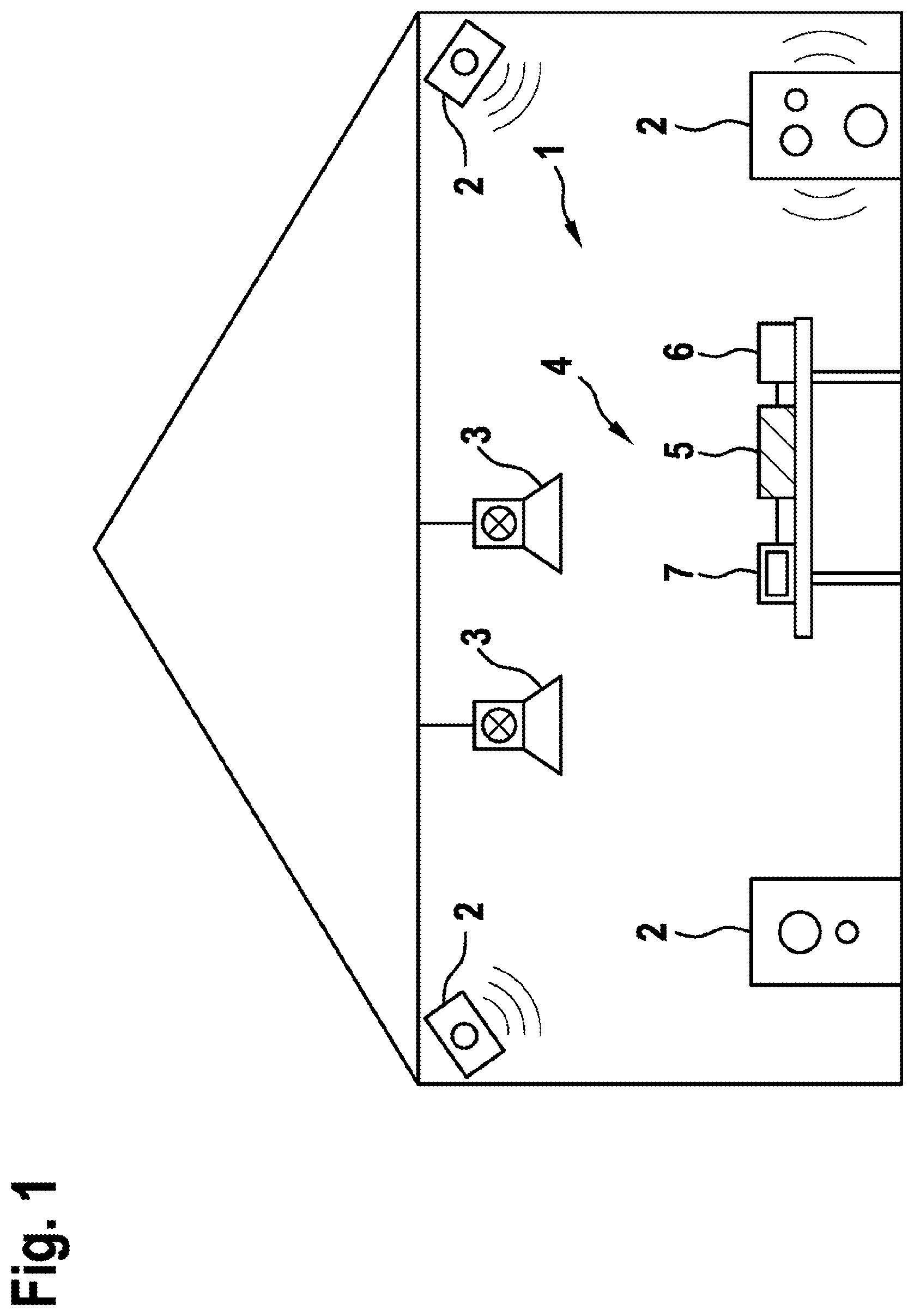 Patent US12106010 Figure 1 – Arrangement of audio devices, configuration apparatus, method and computer program