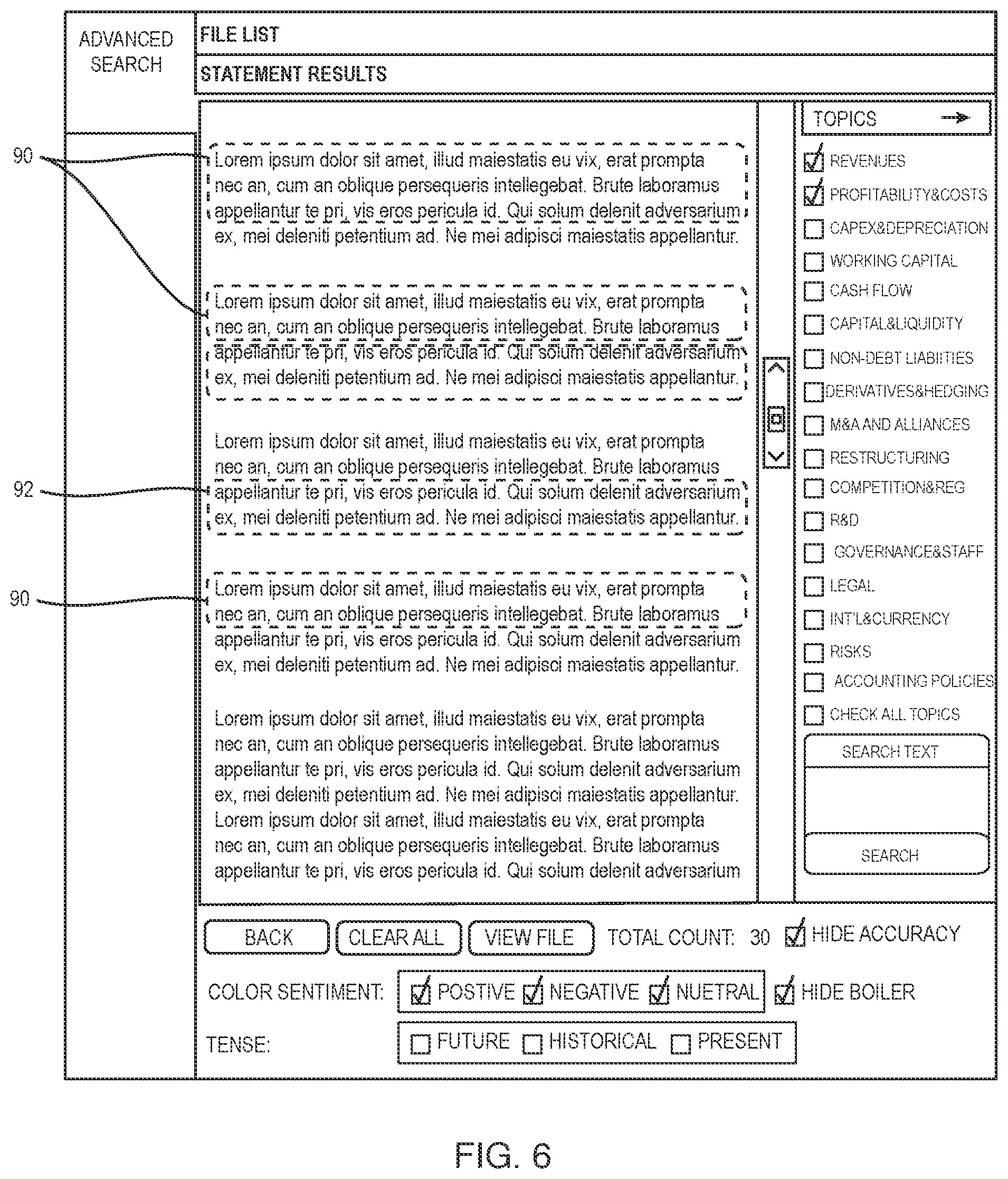 Patent US12106047 Figure 7 – User interface for use with a search engine for searching financial related documents