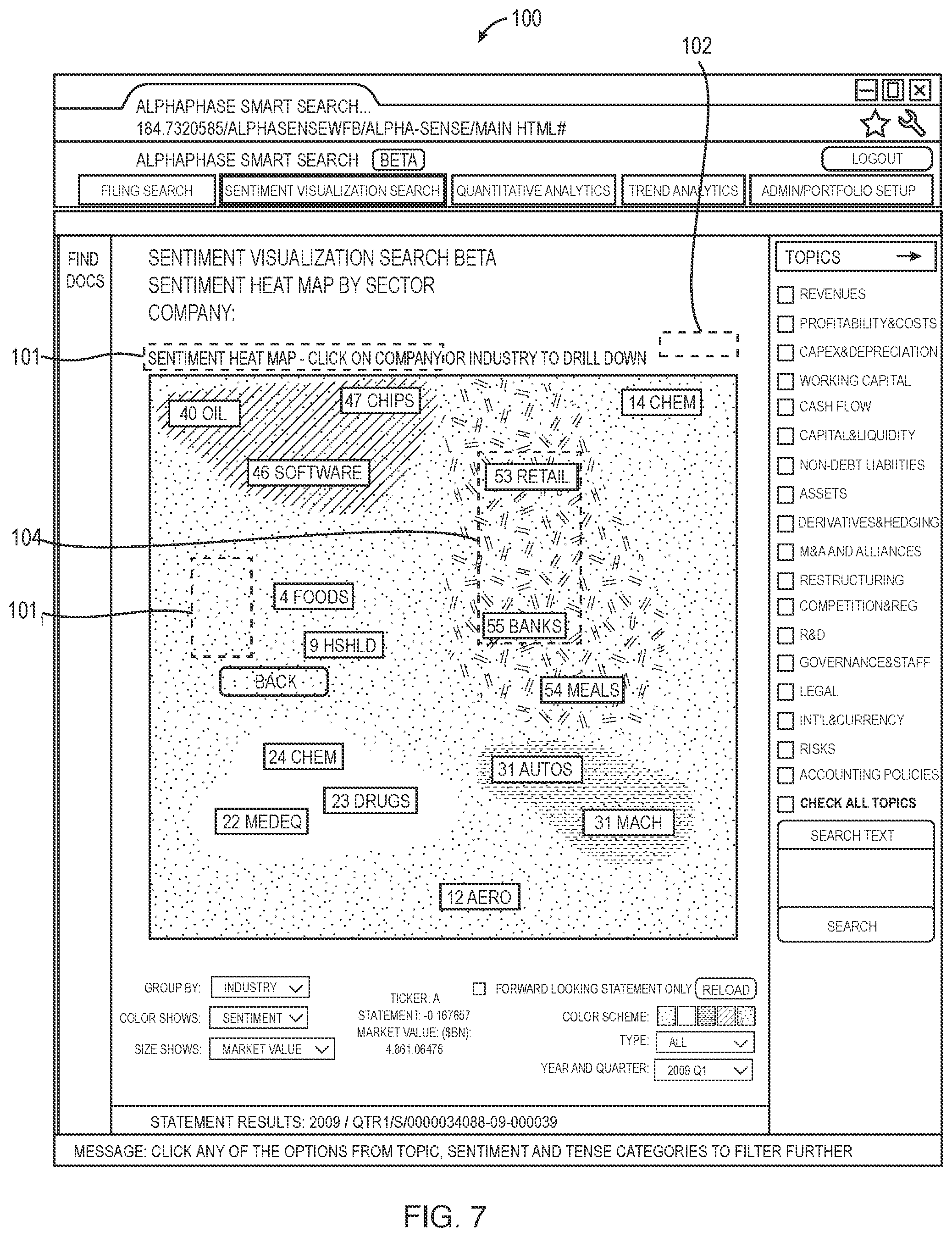 Patent US12106047 Figure 8 – User interface for use with a search engine for searching financial related documents