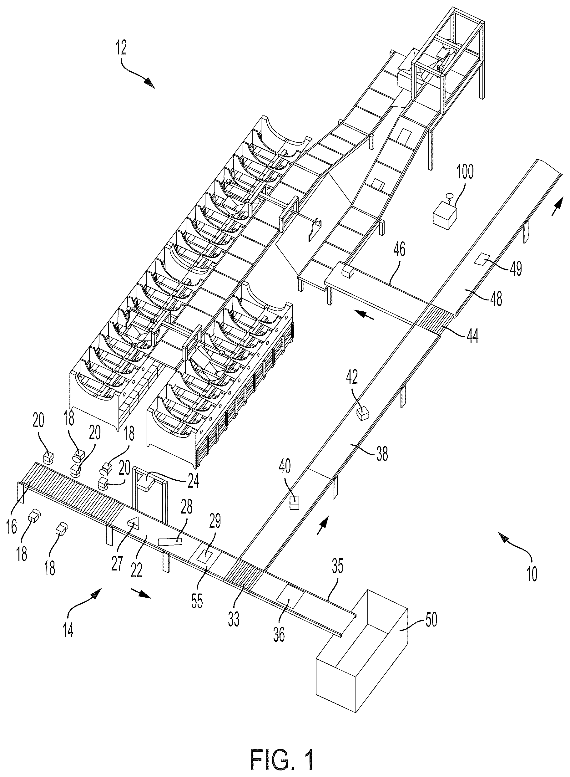 Patent US12106175 Figure 1 – Systems and methods for separating objects using conveyor transfer with one or more object processing systems