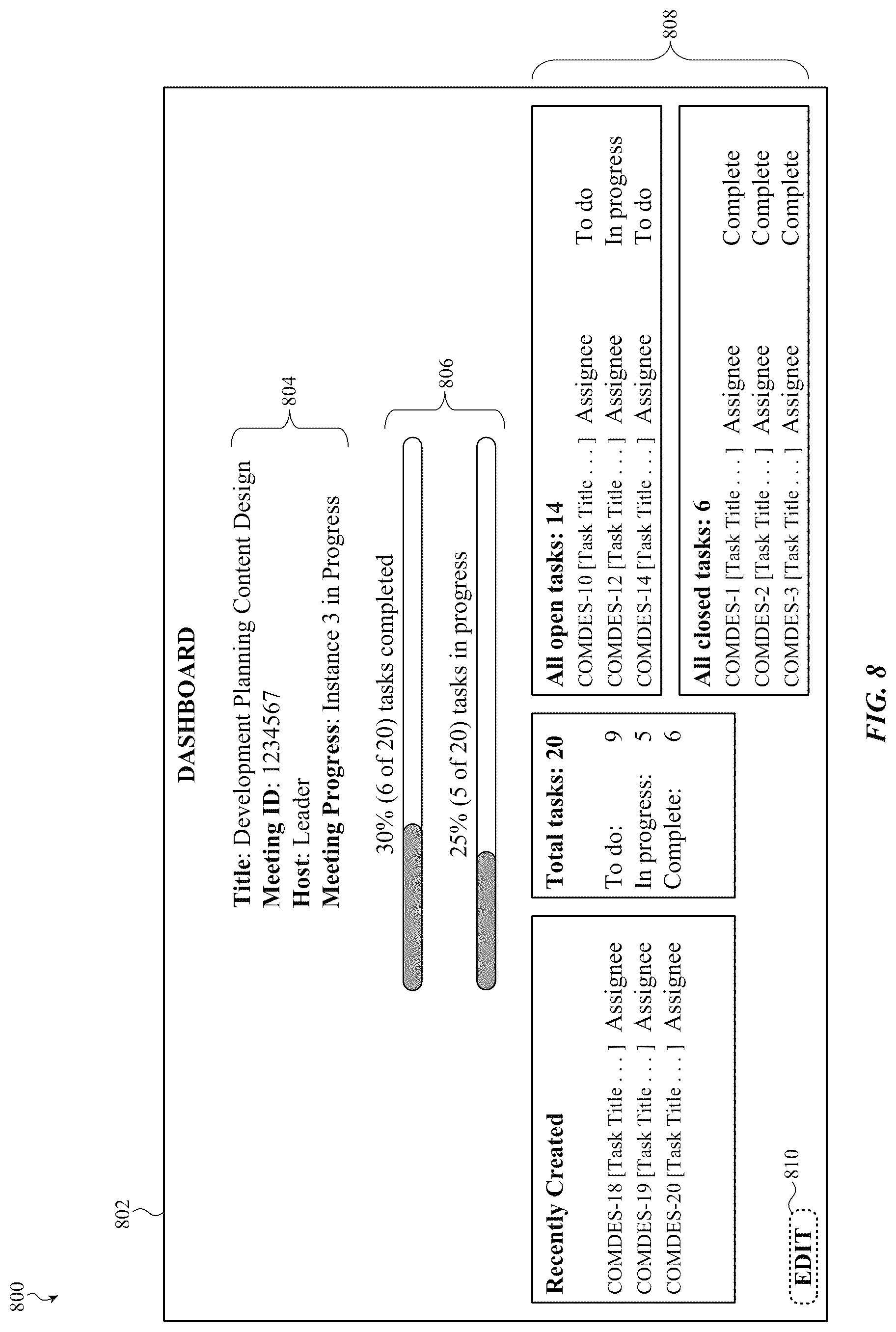 Patent US12106269 Figure 10 – Video conferencing interface for analyzing and visualizing issue and task progress managed by an issue tracking system