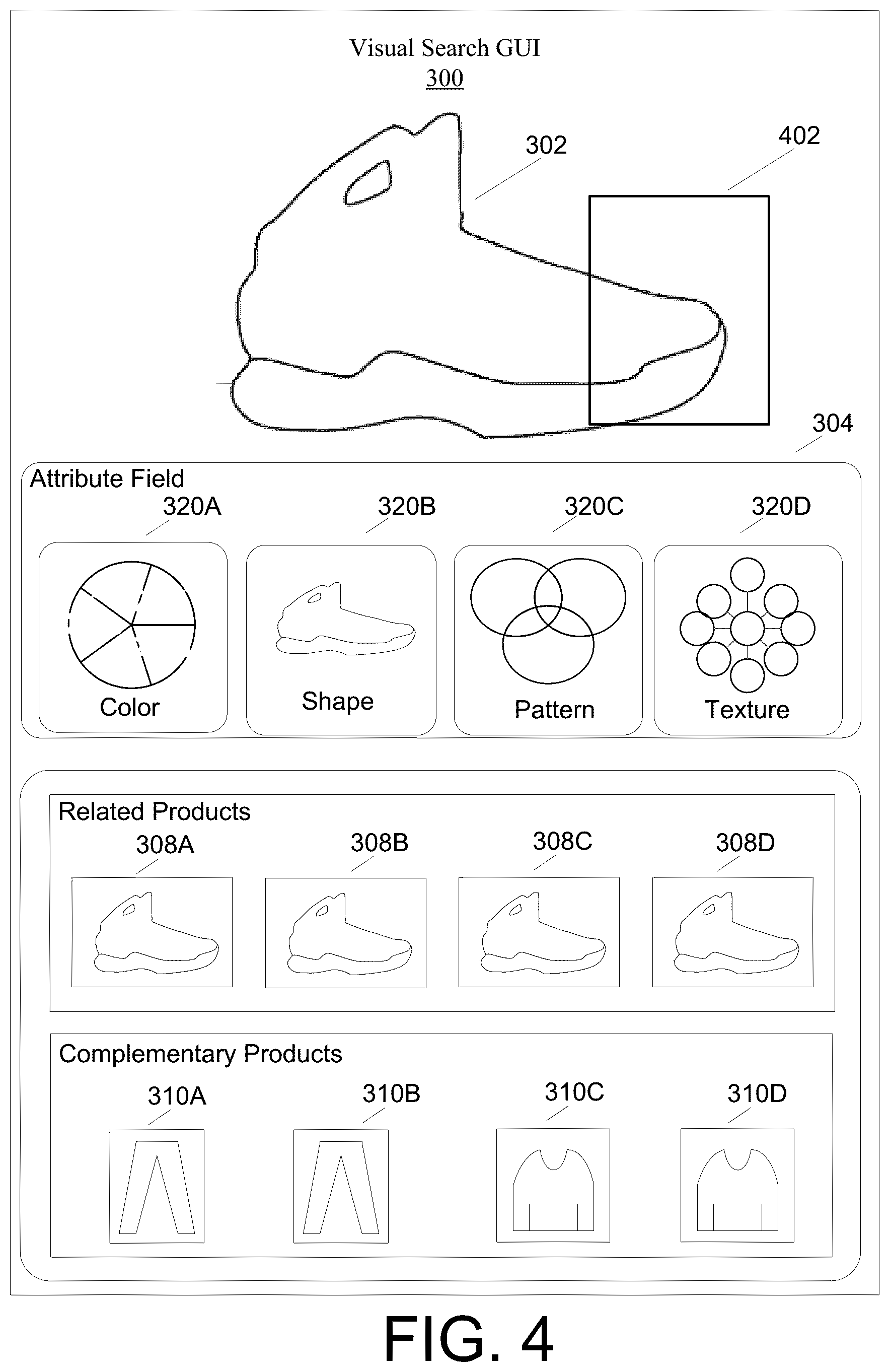 Patent US12106348 Figure 4 – Product presentation assisted by visual search