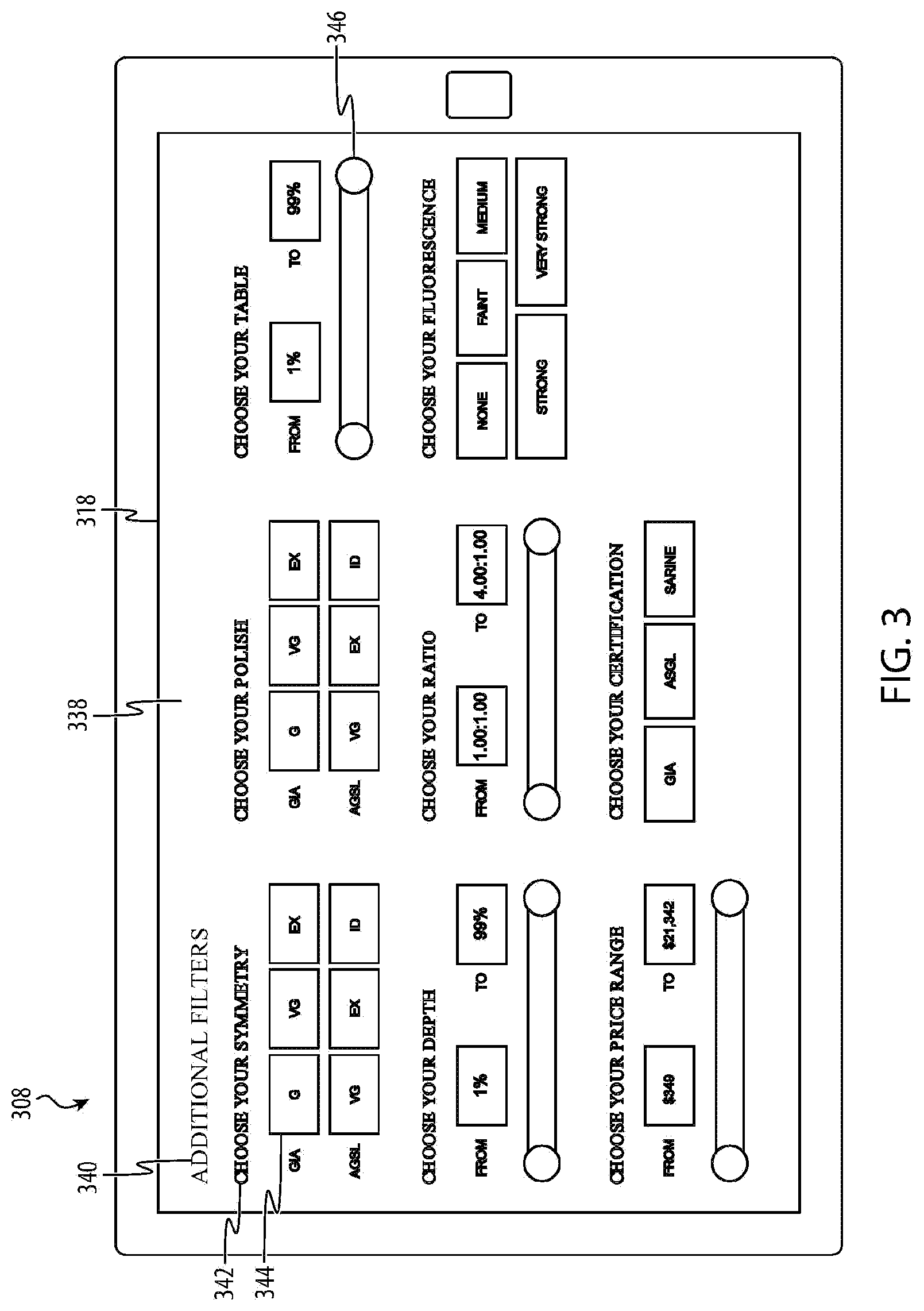 Patent US12106349 Figure 3 – System and graphical interface for diamond selection
