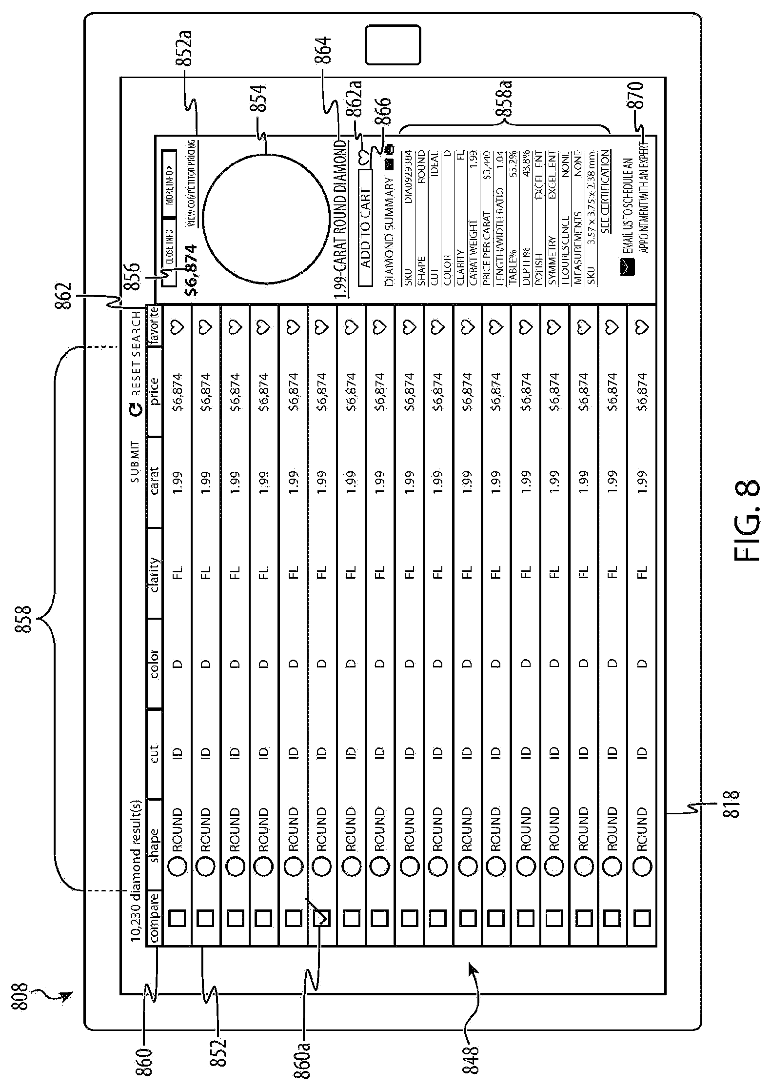 Patent US12106349 Figure 12 – System and graphical interface for diamond selection