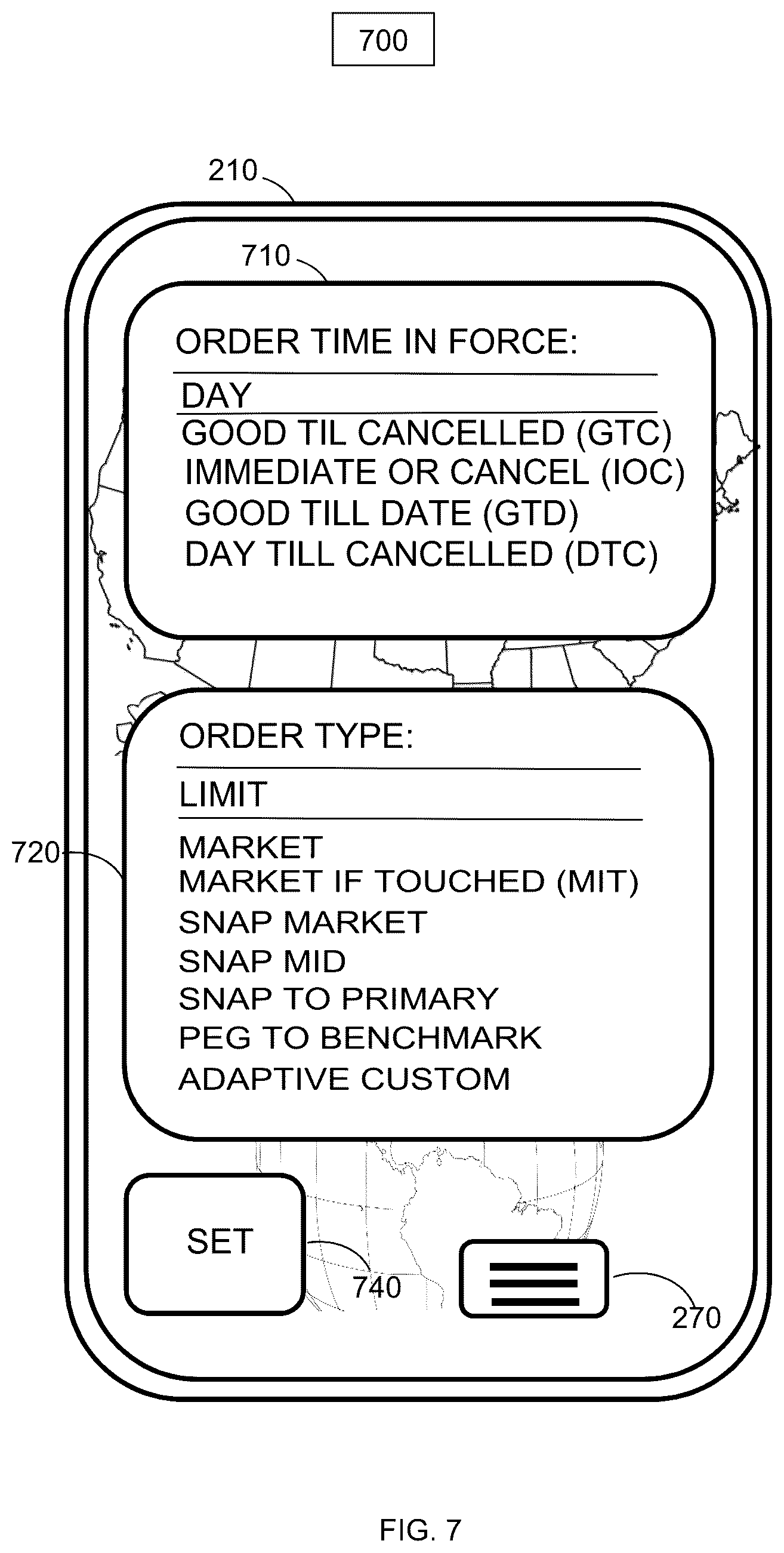 Patent US12106365 Figure 7 – Web browser and operating system portal and search portal with price time priority queues