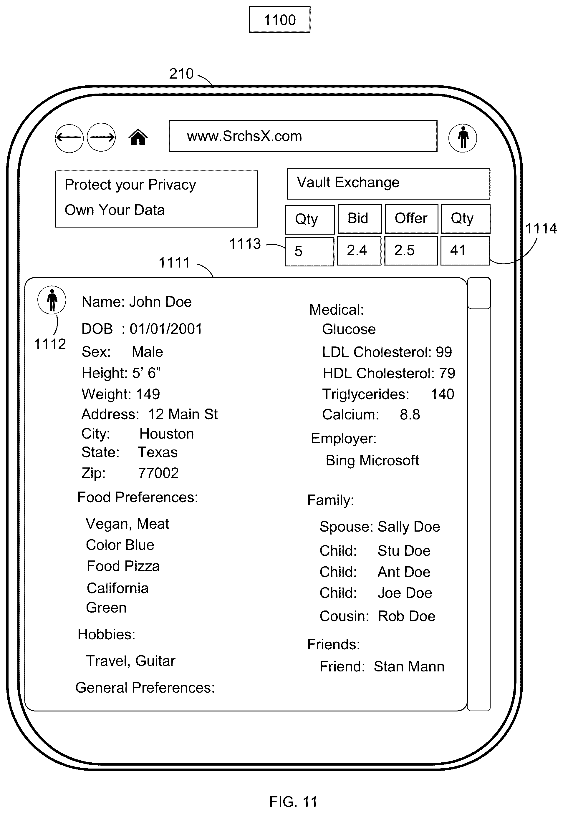 Patent US12106365 Figure 11 – Web browser and operating system portal and search portal with price time priority queues
