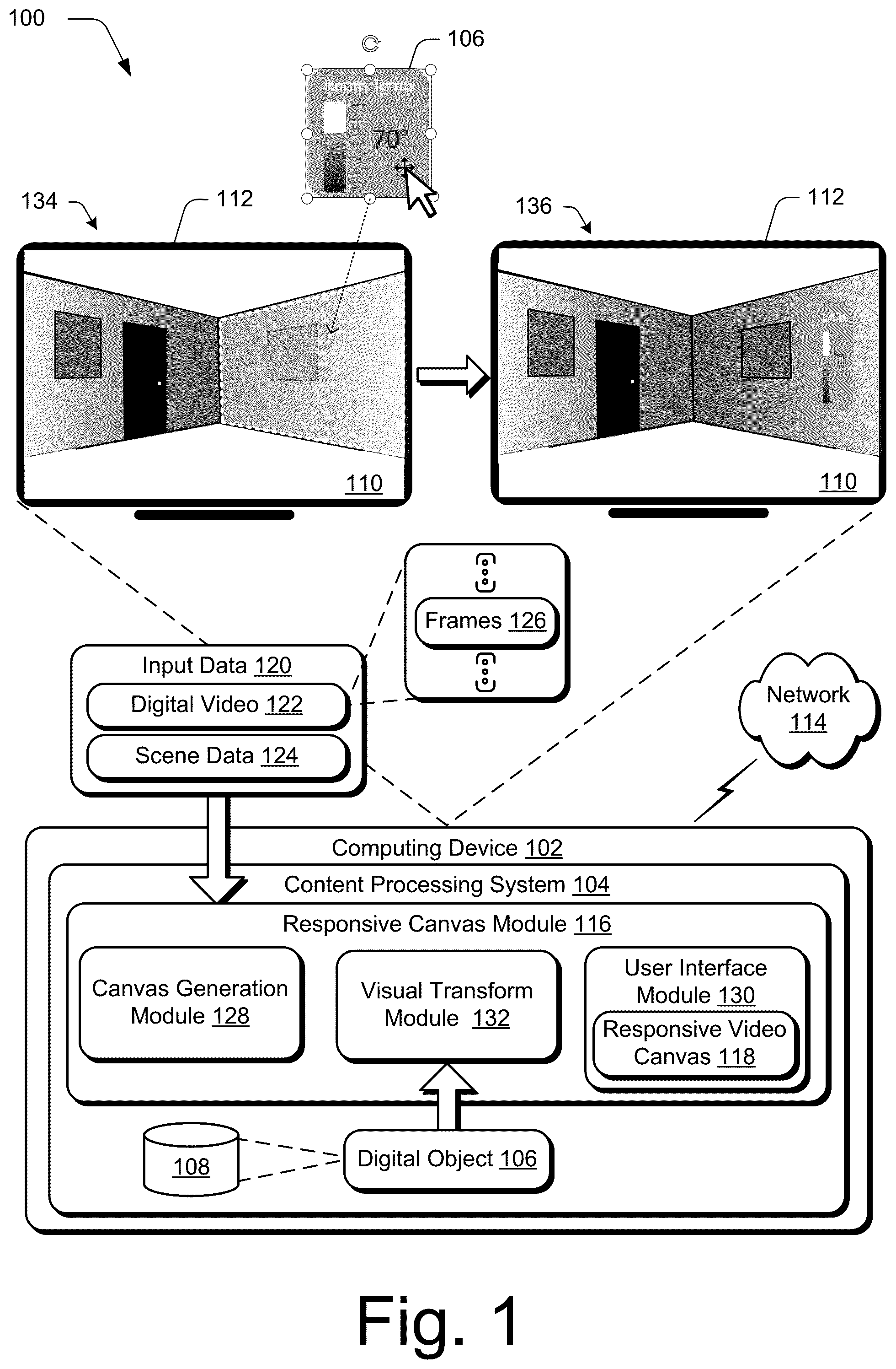 Patent US12106443 Figure 1 – Responsive video canvas generation