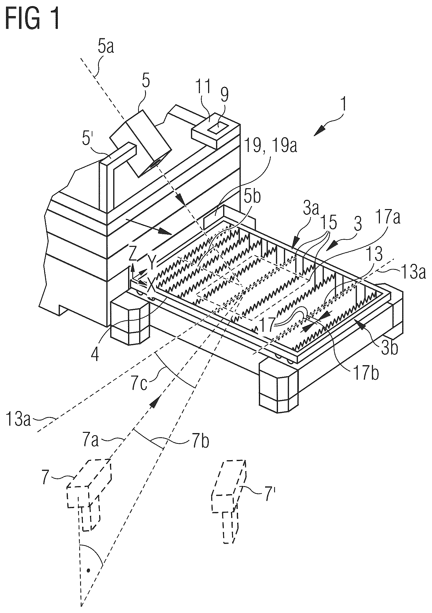 Patent US12106513 Figure 1 – Method and flat bed machine tool for detecting a fitting position of a supporting bar