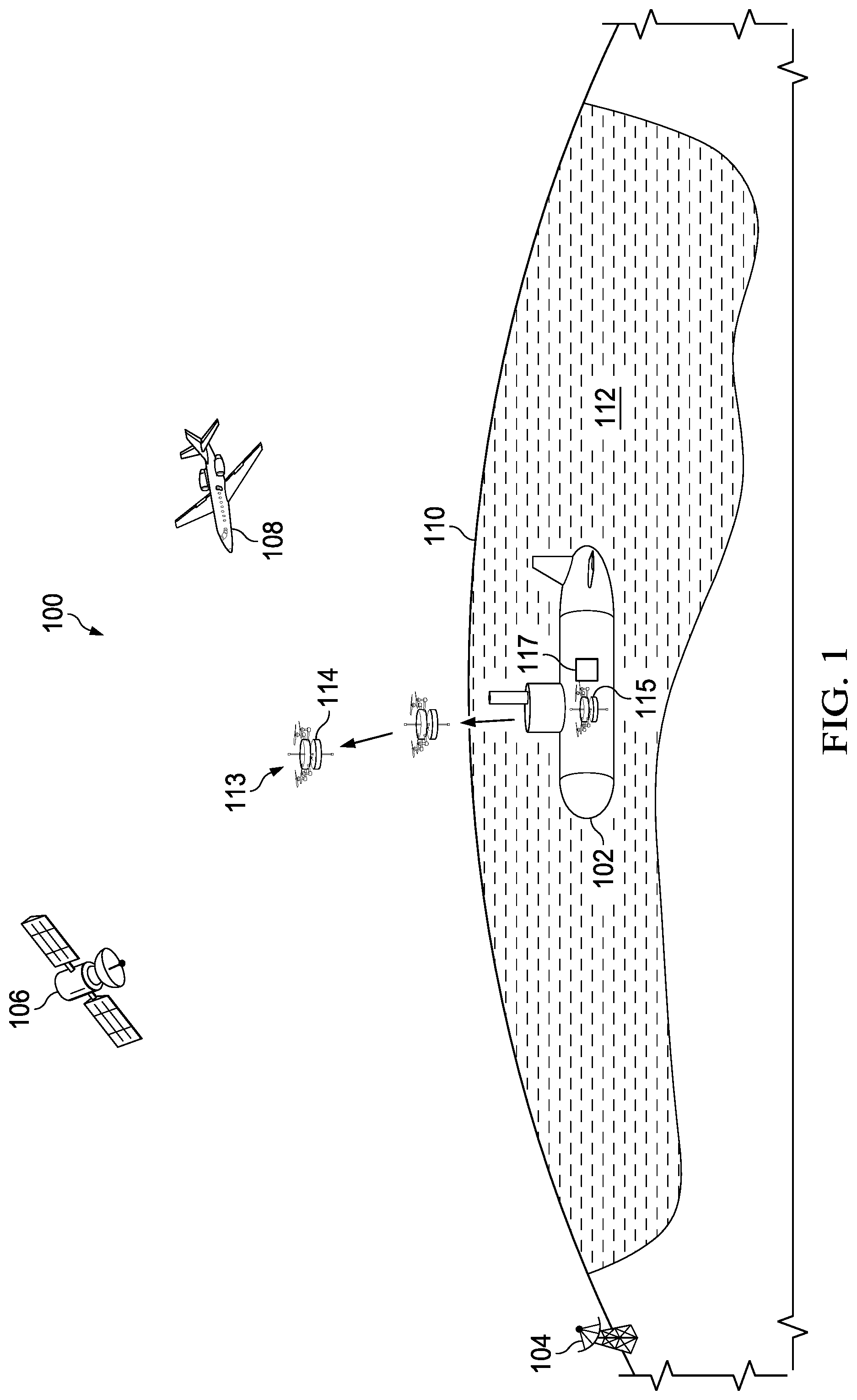 Patent US12106559 Figure 1 – Hybrid drone enabled communications system for underwater platforms