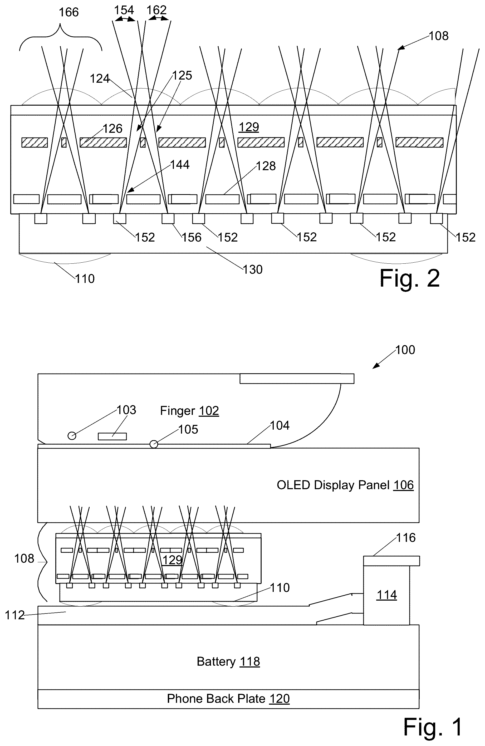 Patent US12106599 Figure 1 – Thin, multi-lens, optical fingerprint sensor adapted to image through cell phone displays and with multiple photodiode groups each having separate fields of view for each microlens