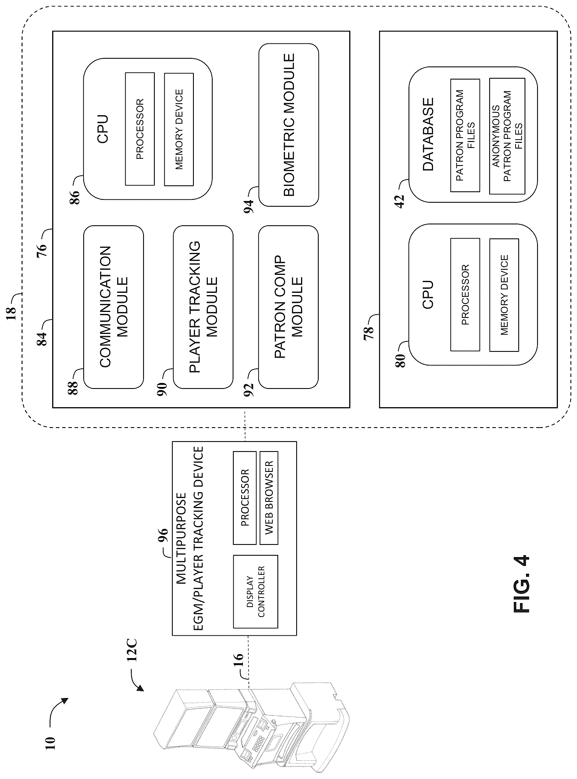 Patent US12106630 Figure 4 – Casino management system with a patron facial recognition system and methods of operating same