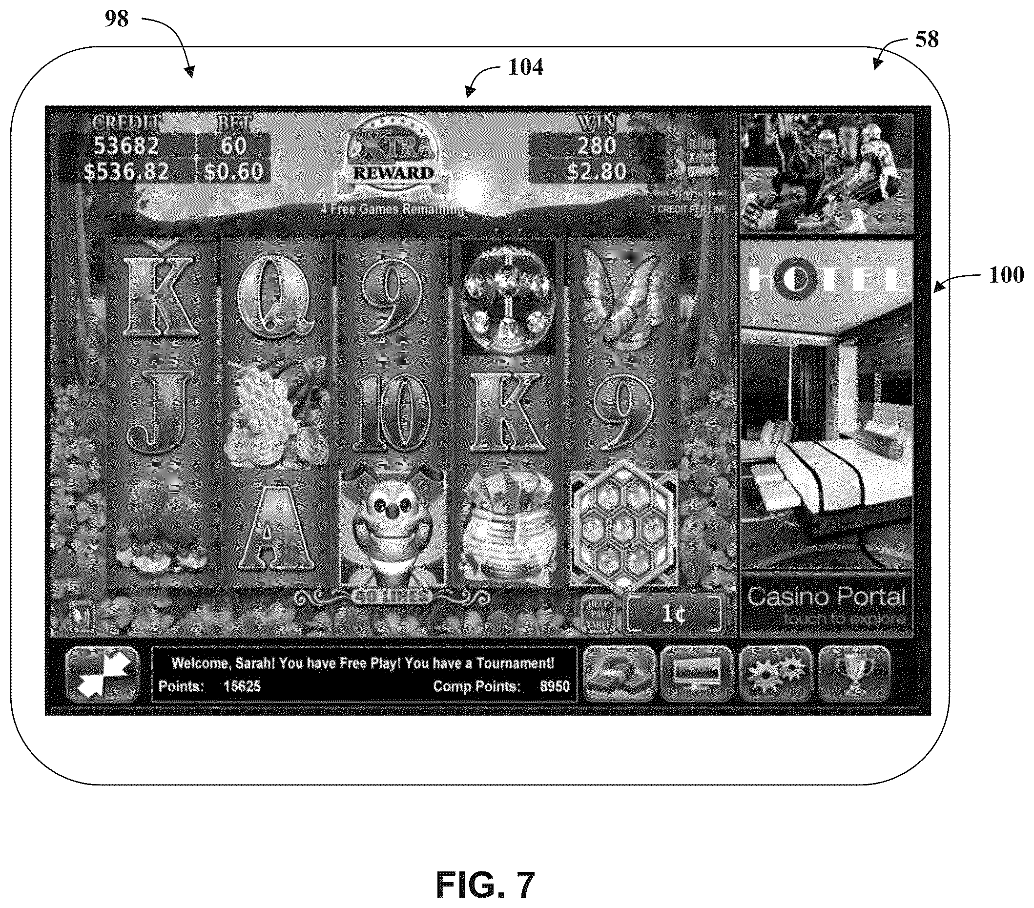 Patent US12106630 Figure 7 – Casino management system with a patron facial recognition system and methods of operating same