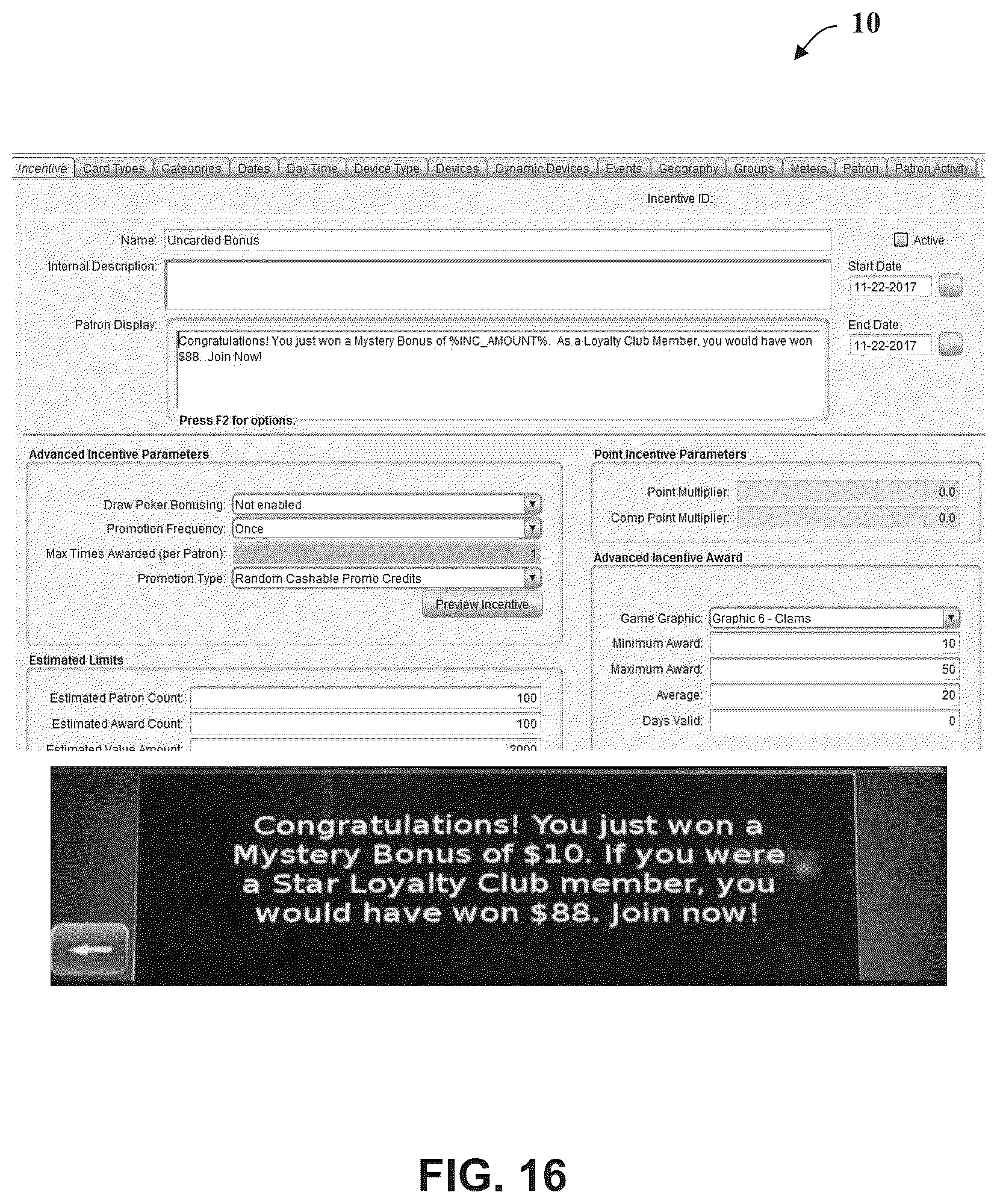 Patent US12106630 Figure 17 – Casino management system with a patron facial recognition system and methods of operating same