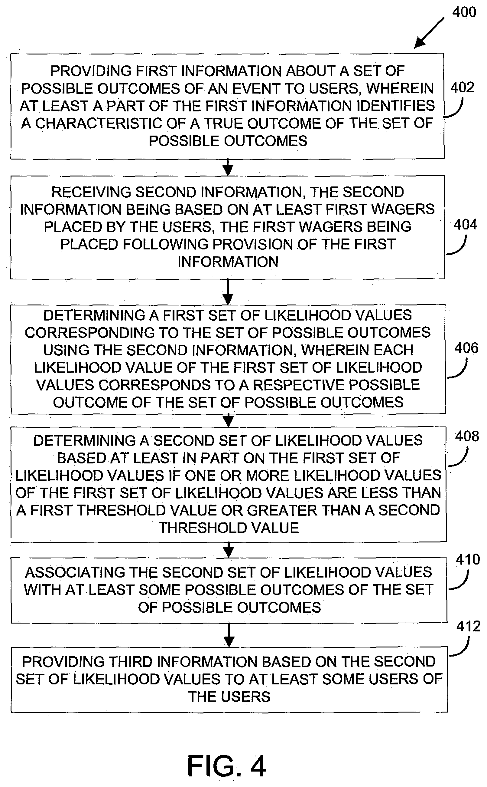 Patent US12106639 Figure 4 – Amusement devices and games including means for processing electronic data where ultimate outcome of the game is dependent on relative odds of a combination of indicia and/or where chance is a factor
