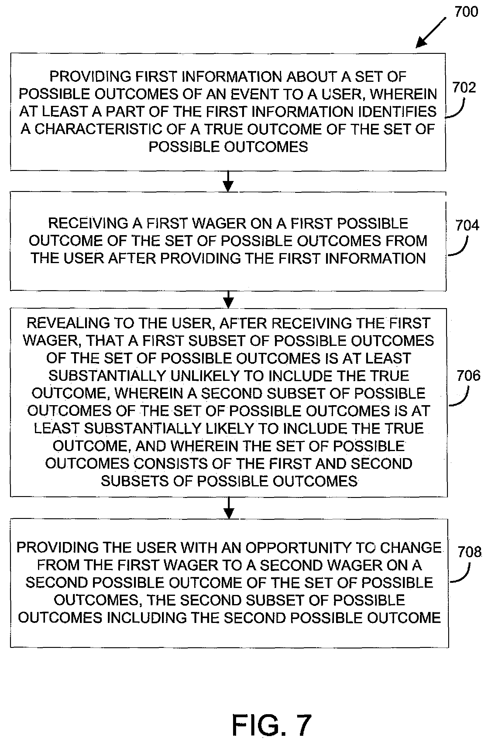 Patent US12106639 Figure 7 – Amusement devices and games including means for processing electronic data where ultimate outcome of the game is dependent on relative odds of a combination of indicia and/or where chance is a factor