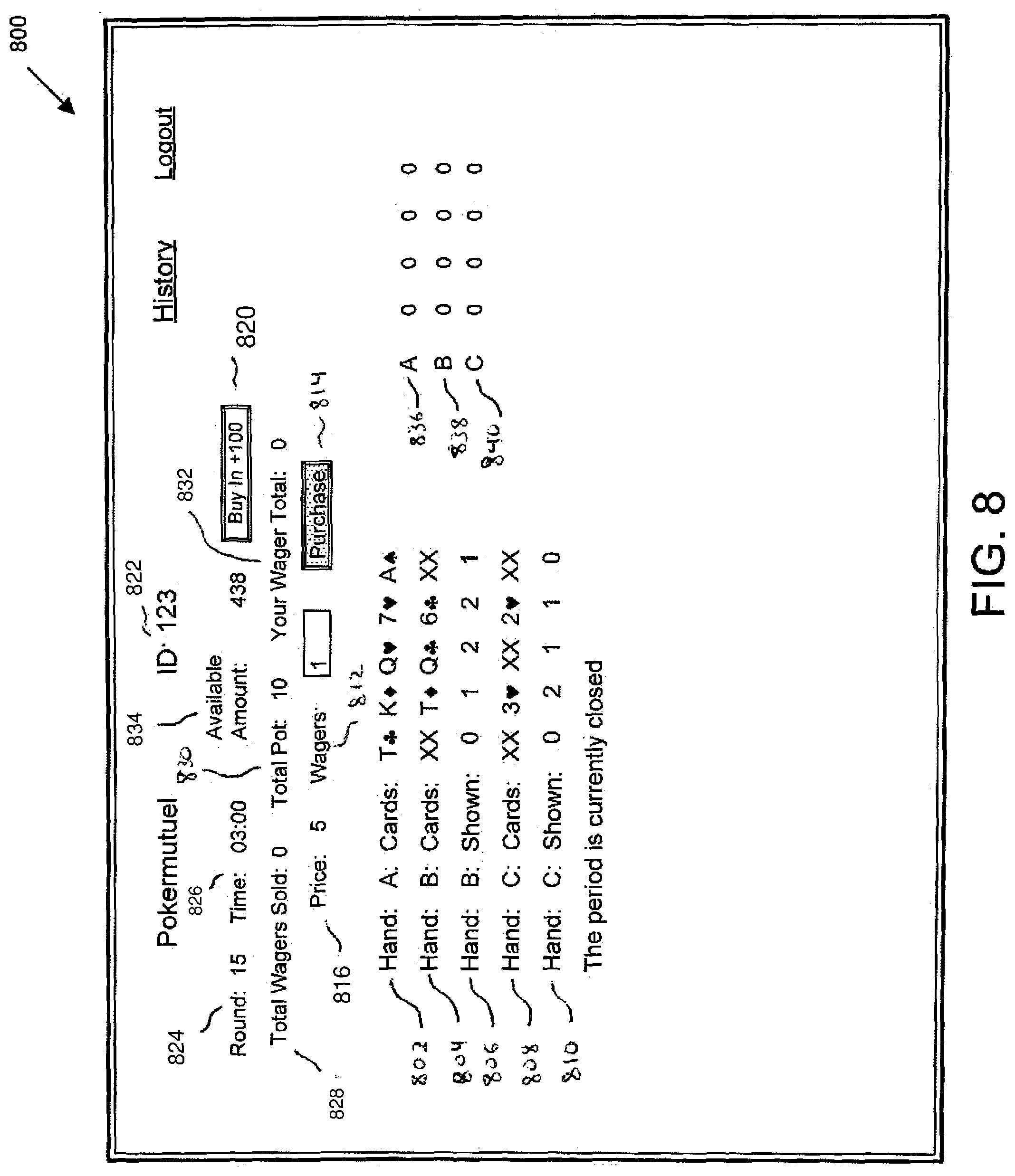Patent US12106639 Figure 8 – Amusement devices and games including means for processing electronic data where ultimate outcome of the game is dependent on relative odds of a combination of indicia and/or where chance is a factor