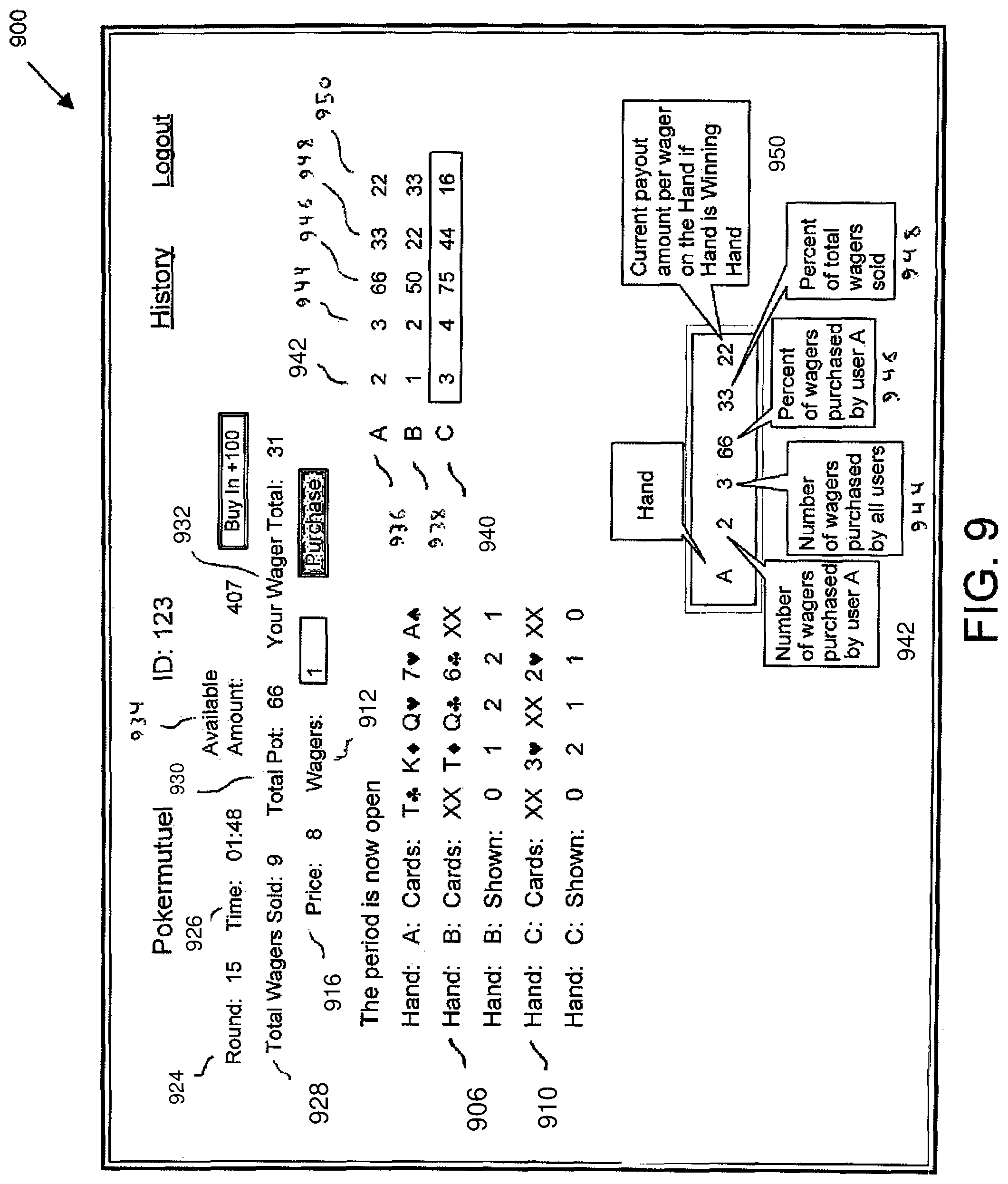Patent US12106639 Figure 9 – Amusement devices and games including means for processing electronic data where ultimate outcome of the game is dependent on relative odds of a combination of indicia and/or where chance is a factor