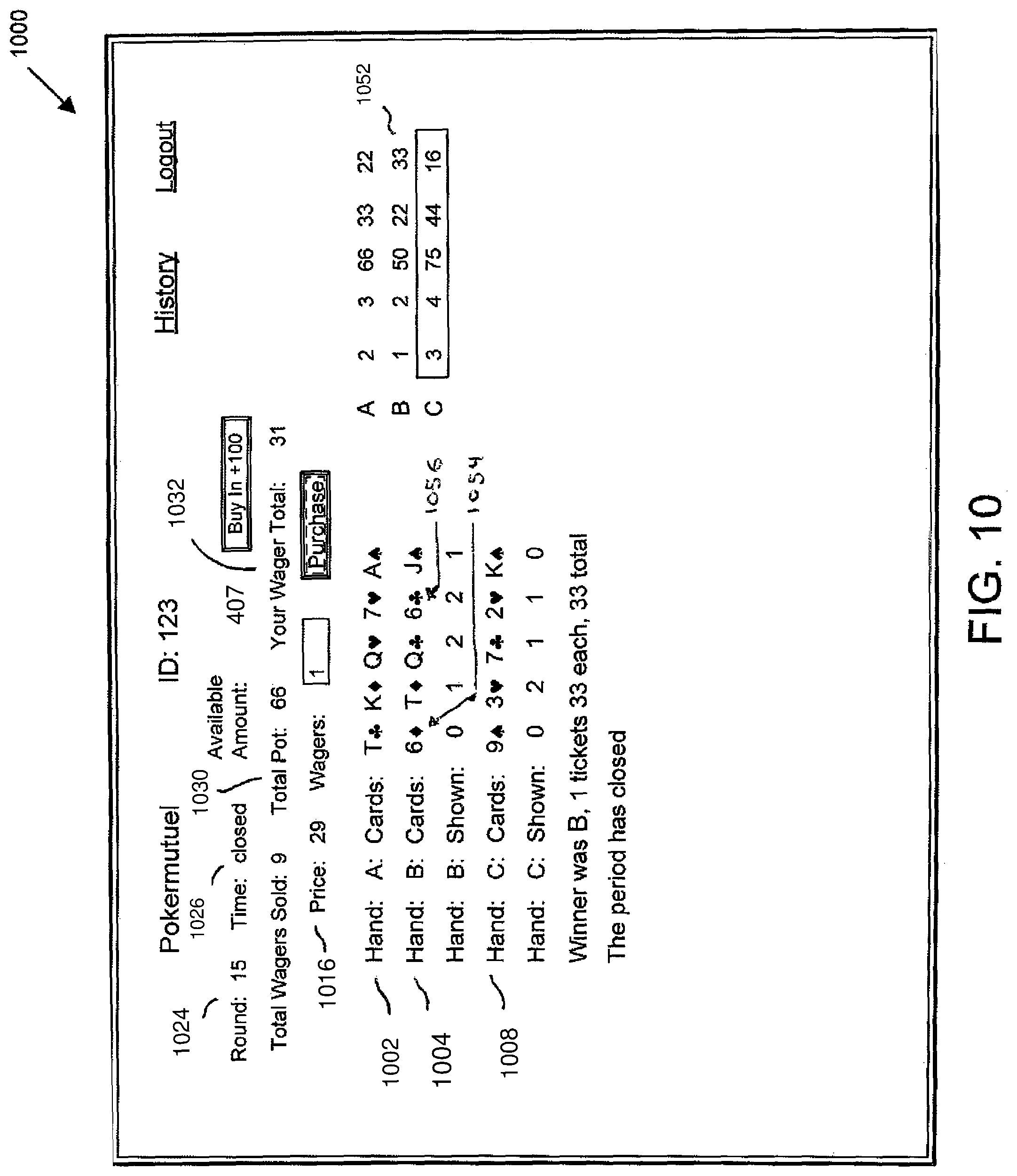 Patent US12106639 Figure 10 – Amusement devices and games including means for processing electronic data where ultimate outcome of the game is dependent on relative odds of a combination of indicia and/or where chance is a factor