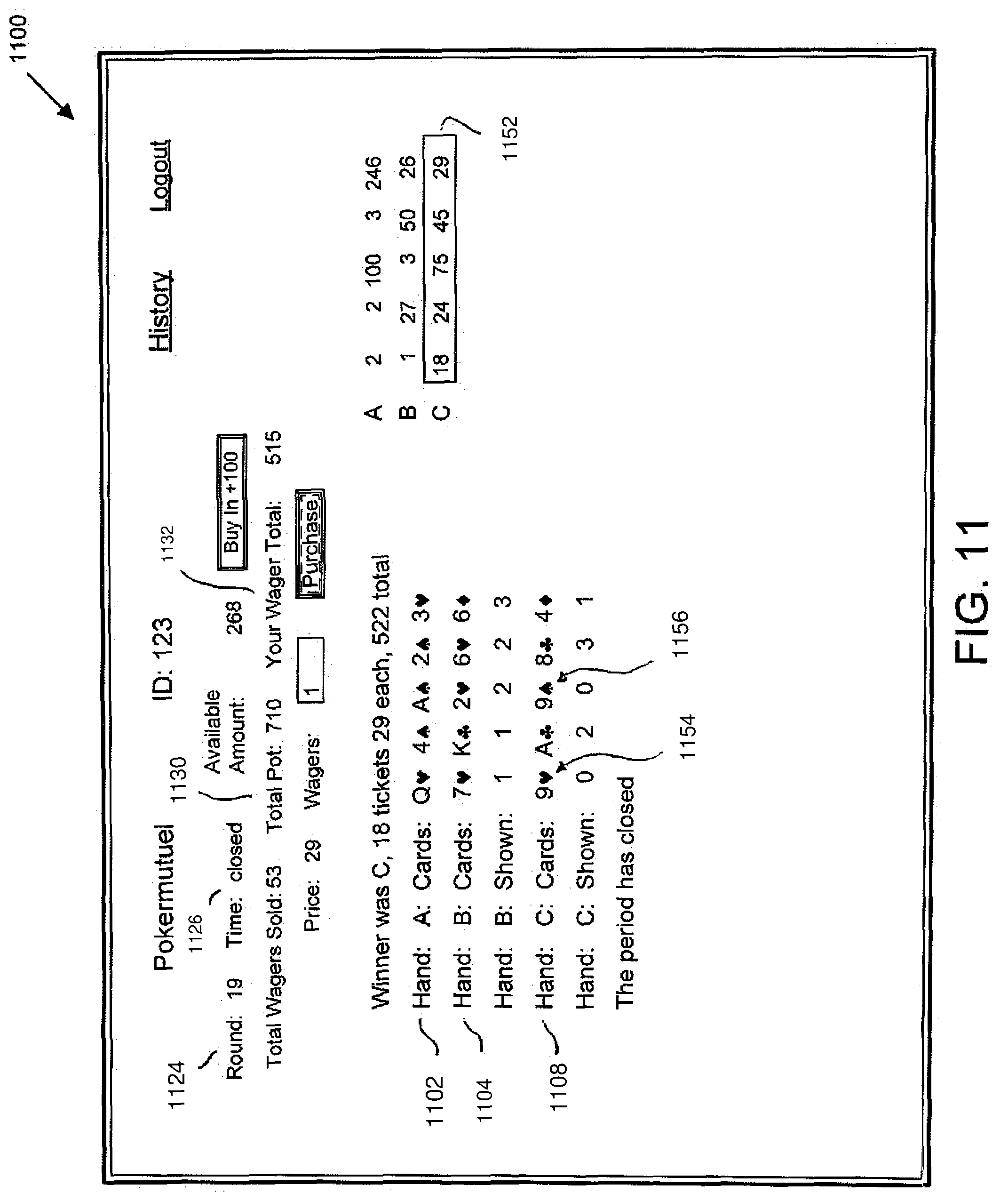 Patent US12106639 Figure 11 – Amusement devices and games including means for processing electronic data where ultimate outcome of the game is dependent on relative odds of a combination of indicia and/or where chance is a factor