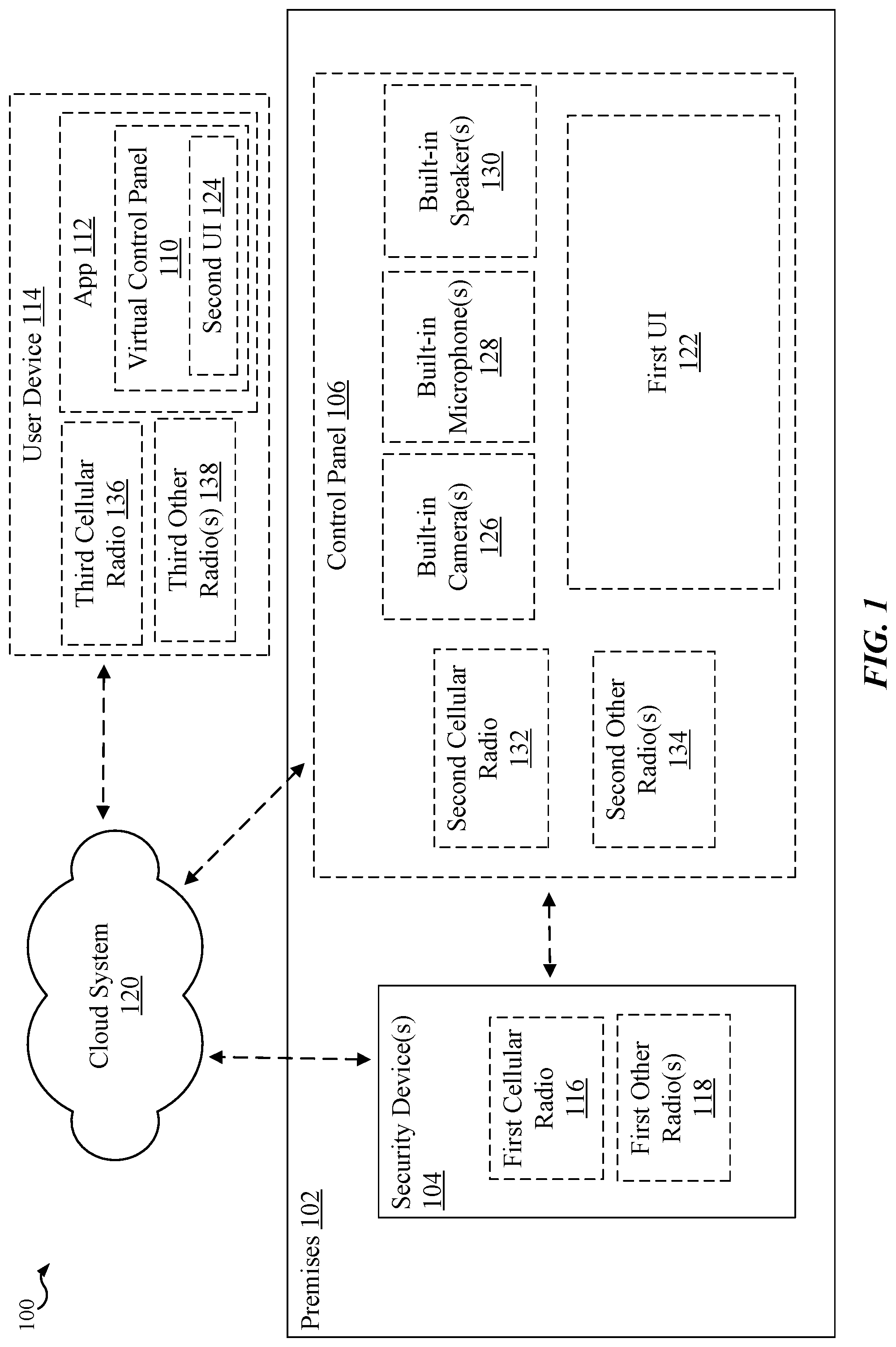 Patent US12106646 Figure 1 – Security / automation system control panel with active microphones