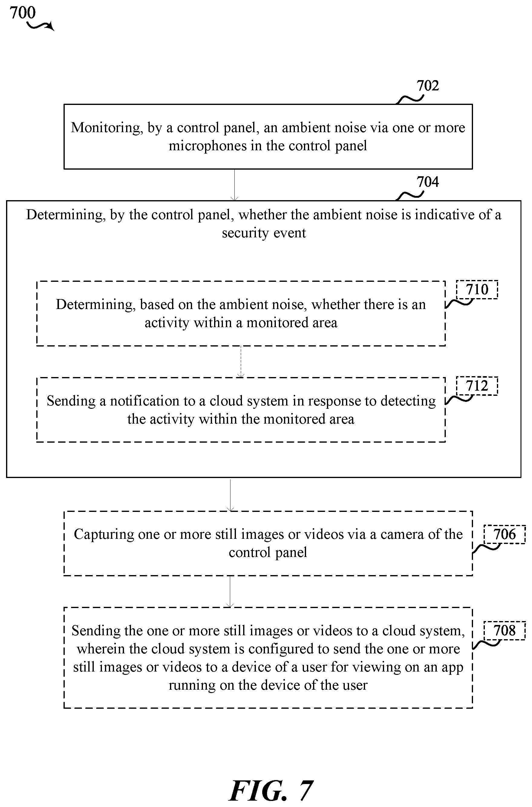 Patent US12106646 Figure 7 – Security / automation system control panel with active microphones