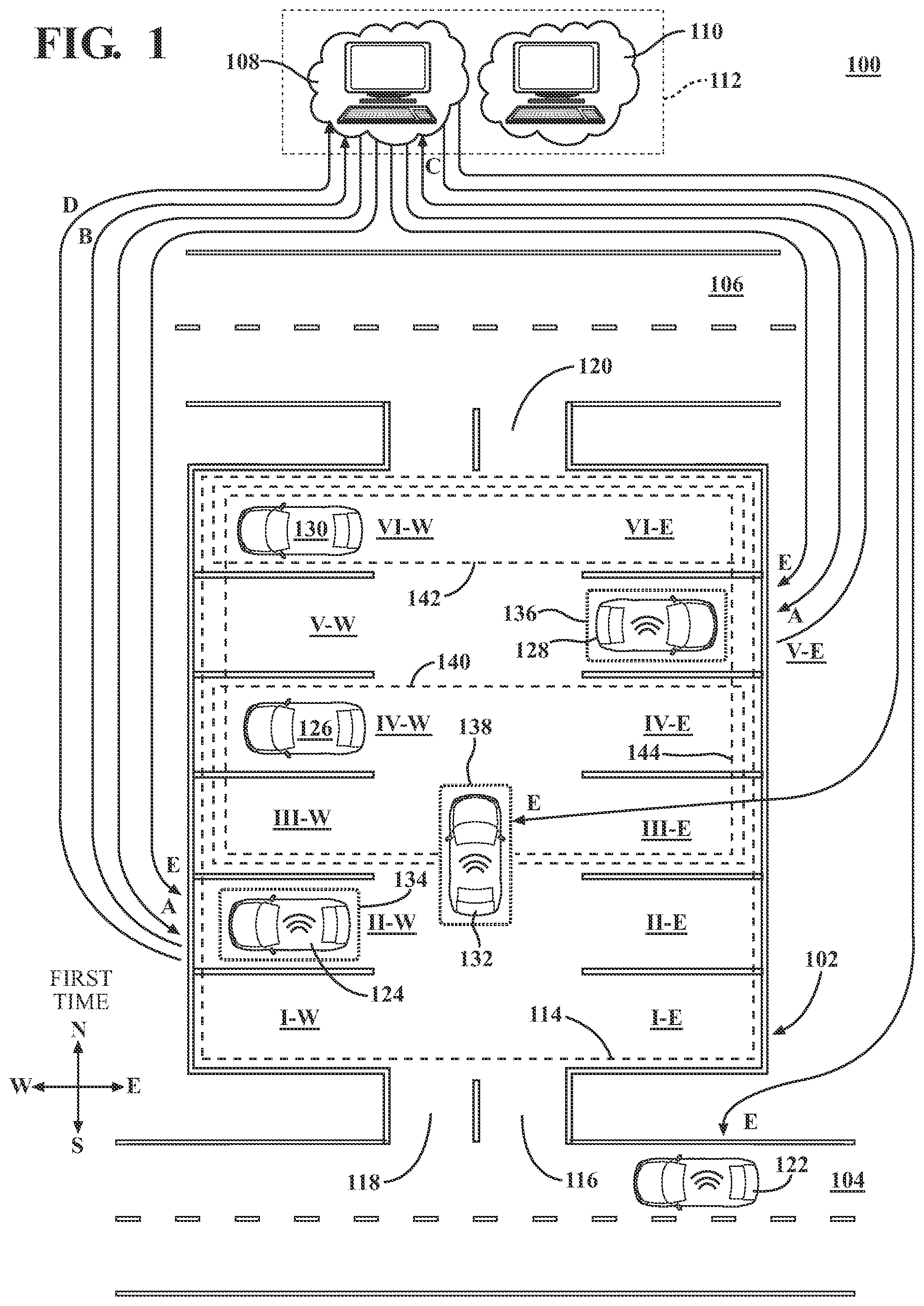 Patent US12106666 Figure 1 – Communicating information about parking space availability