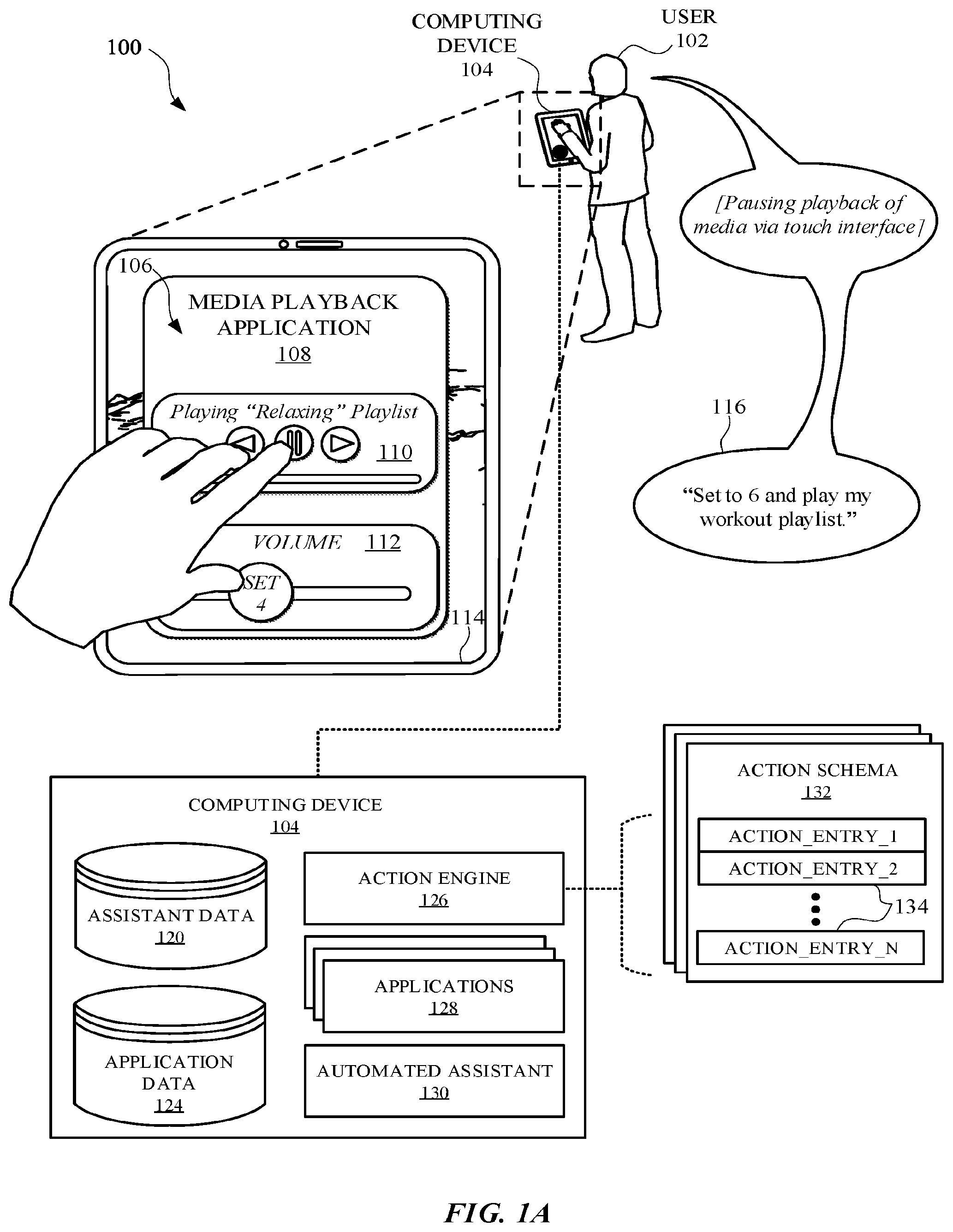 Patent US12106759 Figure 1 – Initializing non-assistant background actions, via an automated assistant, while accessing a non-assistant application