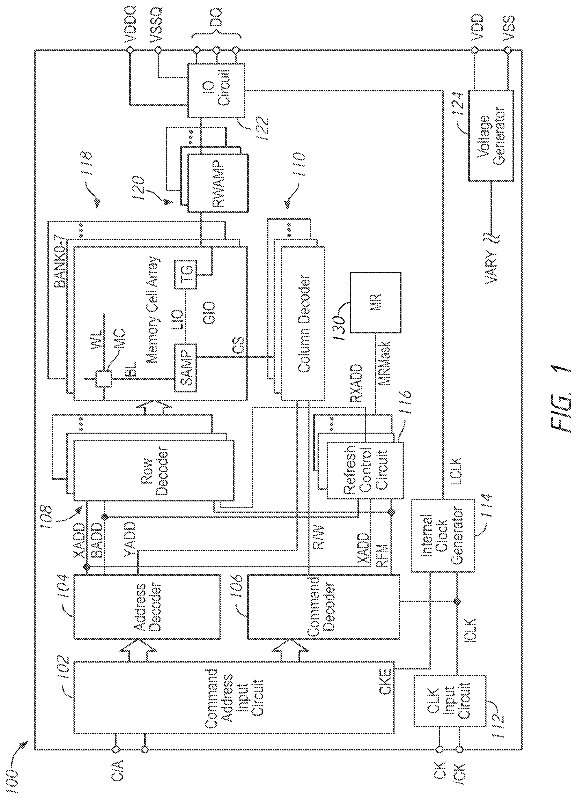 Patent US12106792 Figure 1 – Apparatuses and methods for partial array self refresh masking