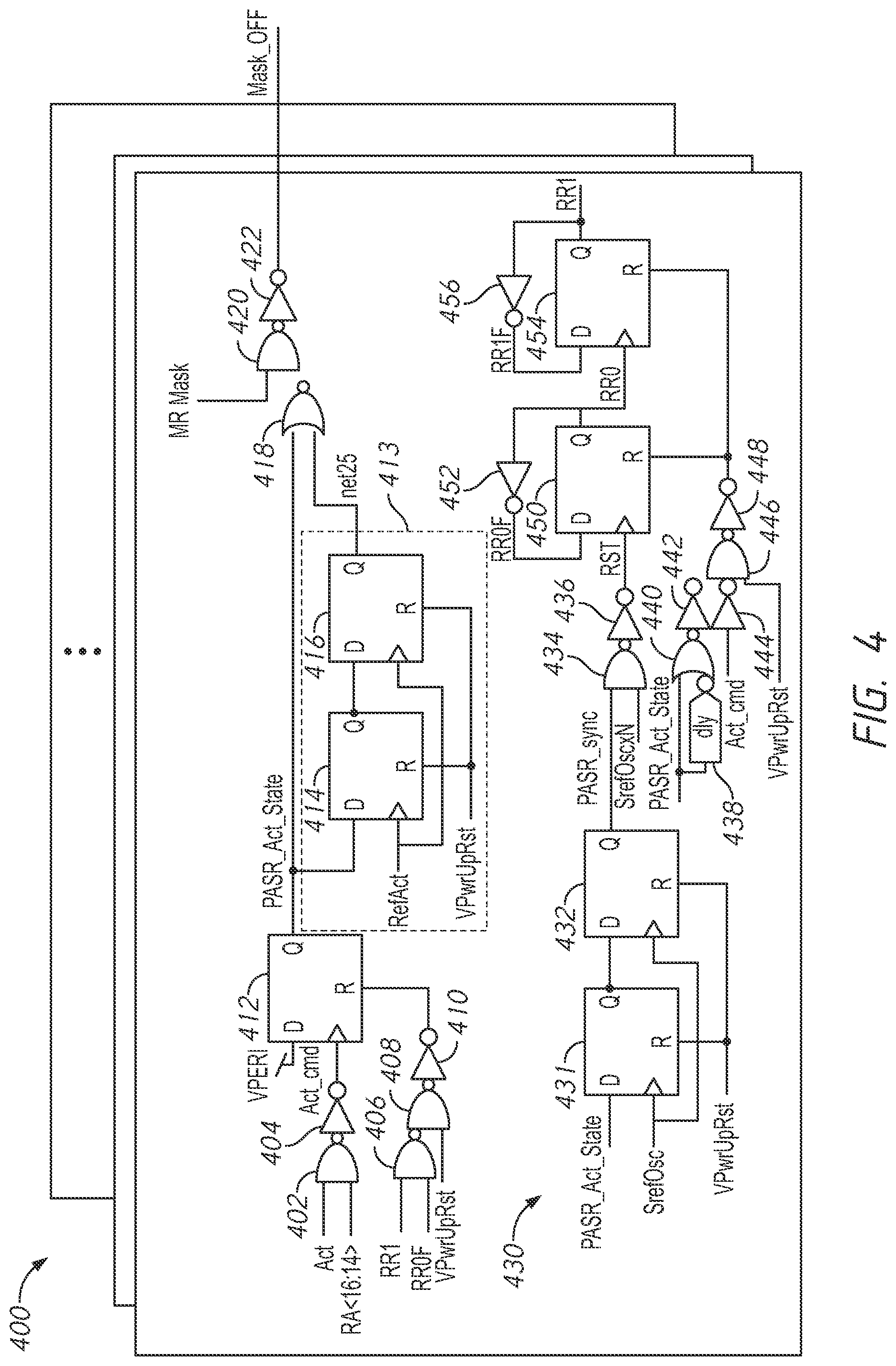 Patent US12106792 Figure 4 – Apparatuses and methods for partial array self refresh masking