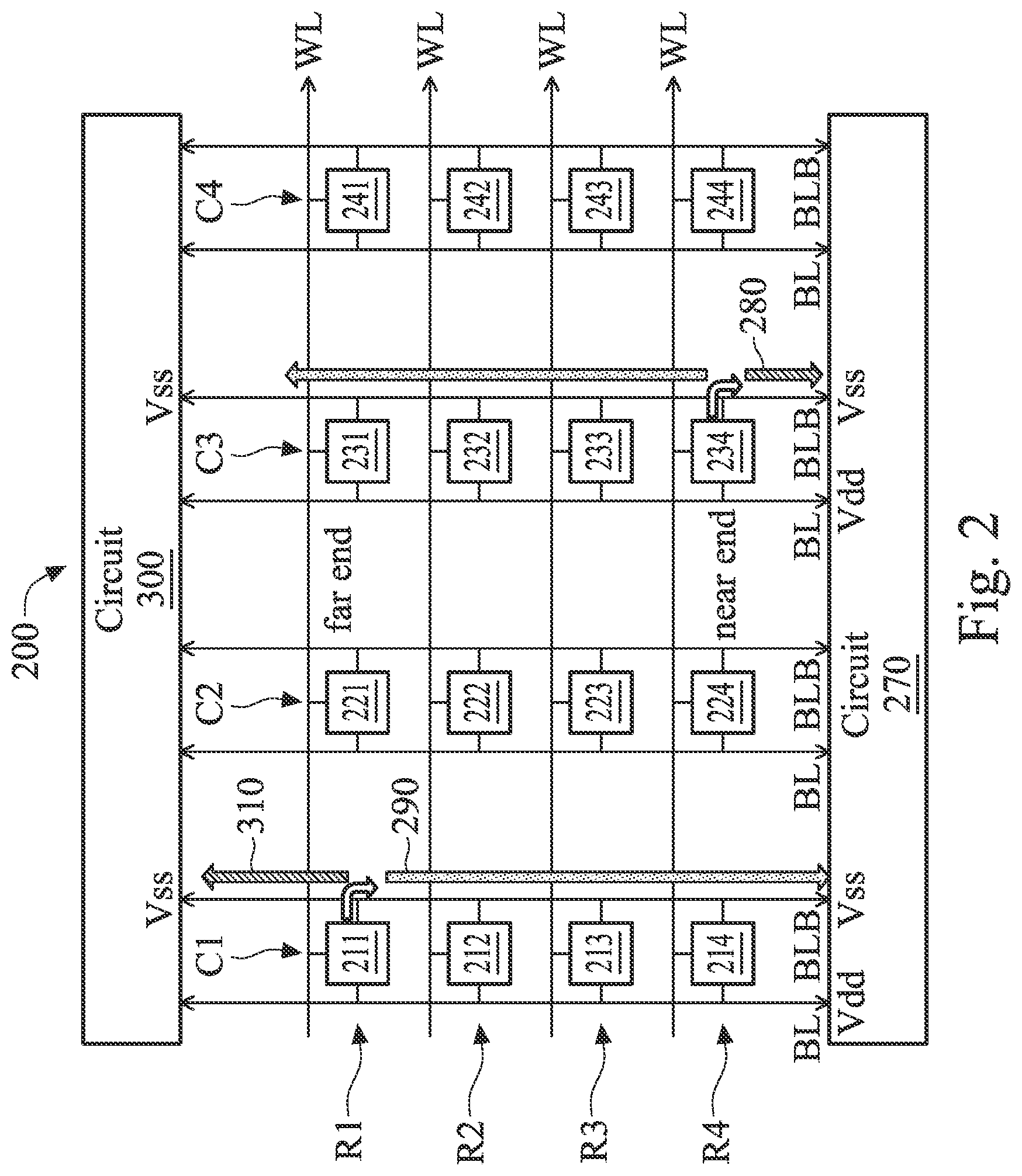 Patent US12106801 Figure 2 – Circuit for reducing voltage degradation caused by parasitic resistance in a memory device