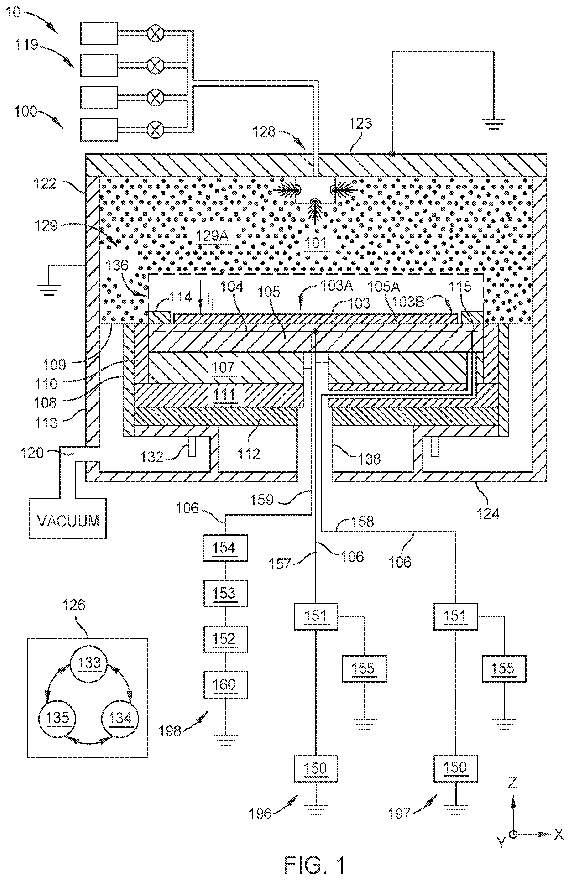 Patent US12106938 Figure 1 – Distortion current mitigation in a radio frequency plasma processing chamber