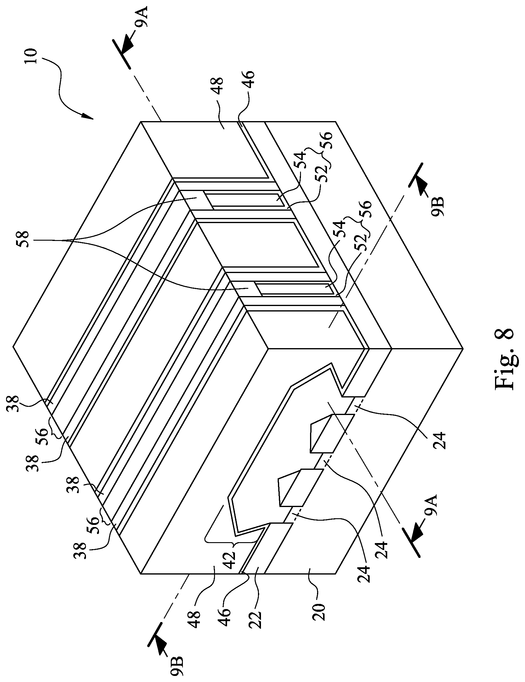 Patent US12107007 Figure 8 – Recessed contacts at line end and methods forming same