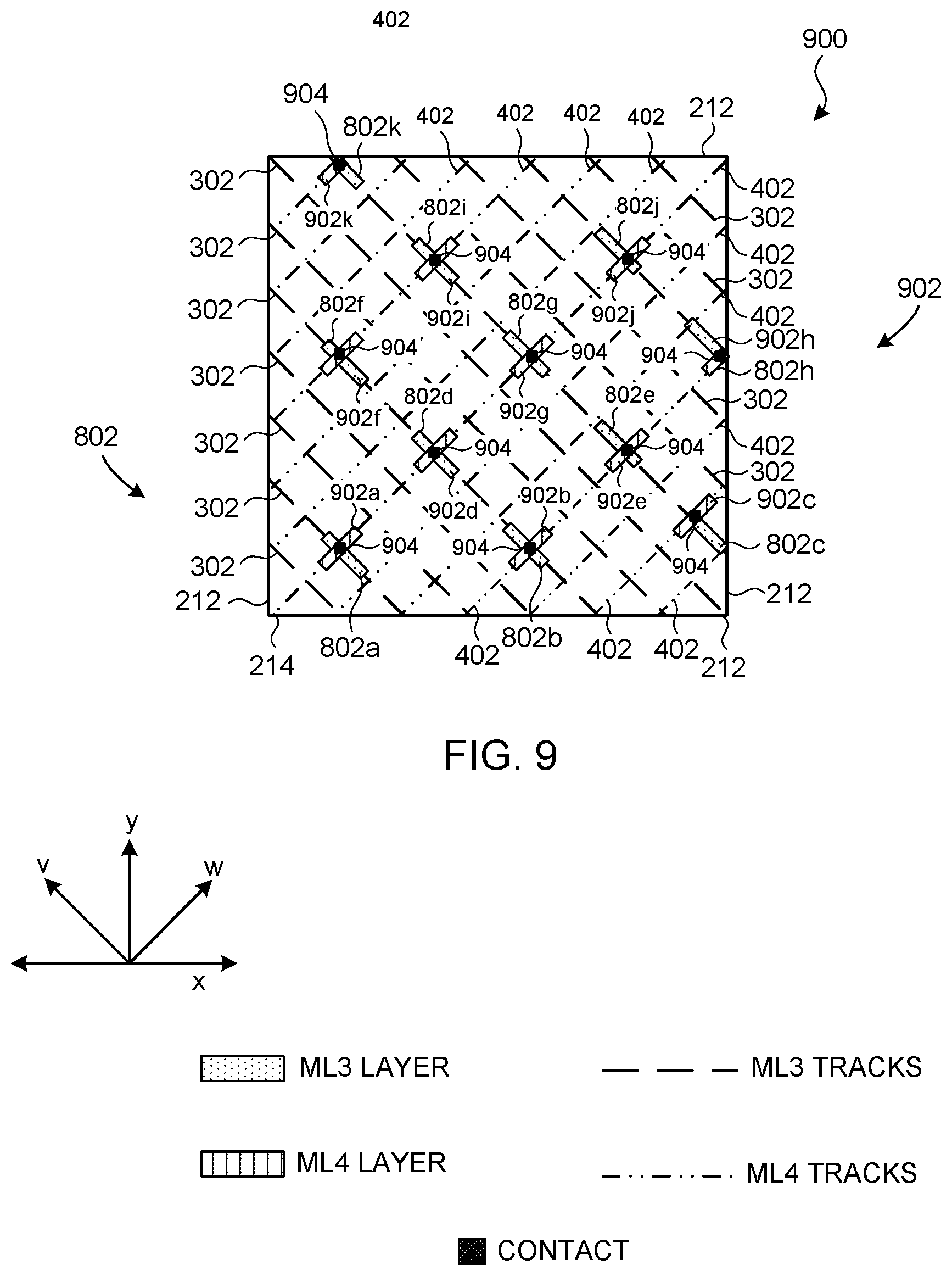 Patent US12107048 Figure 8 – Layouts for conductive layers in integrated circuits