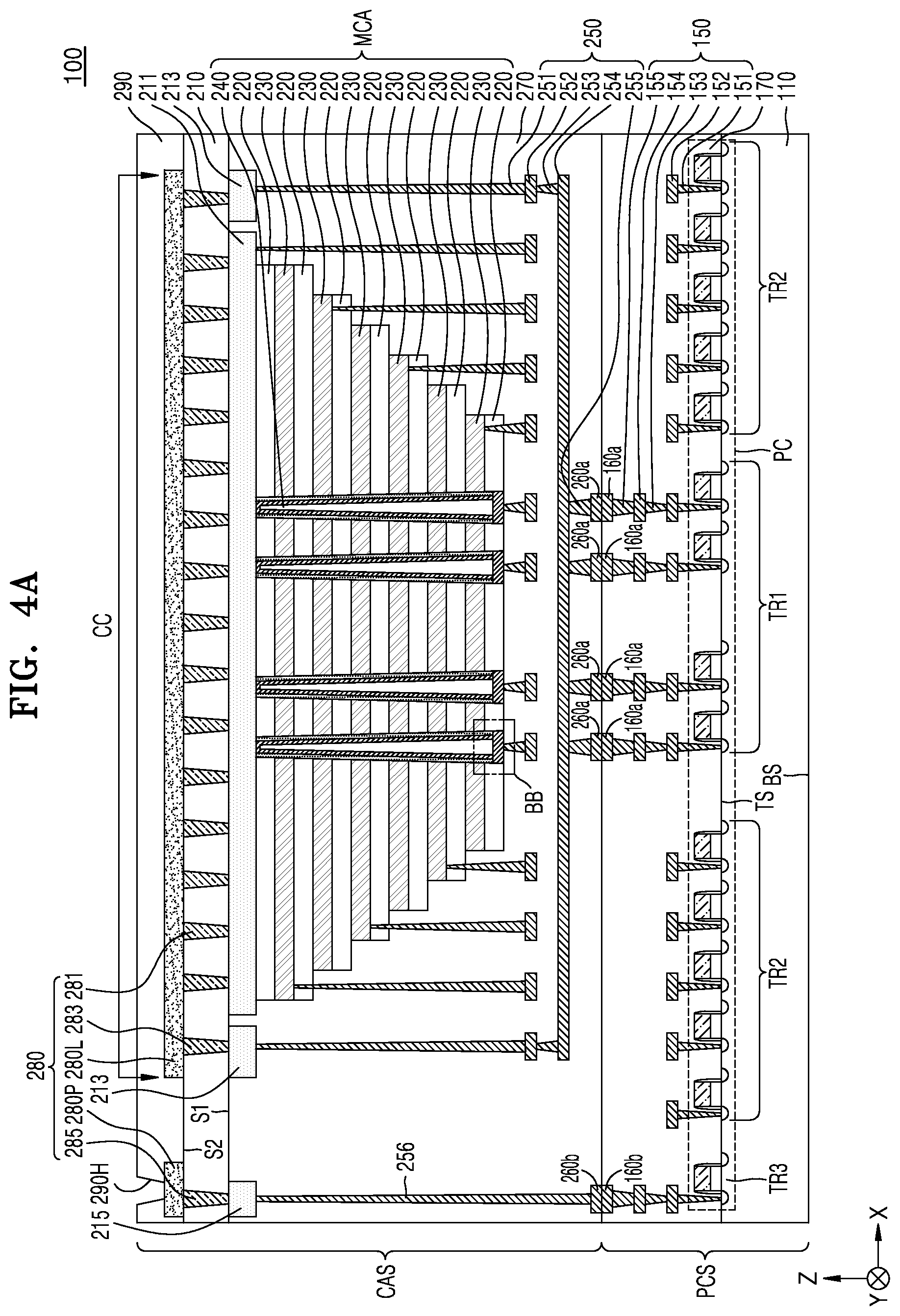 Patent US12107061 Figure 4 – Integrated circuit device including peripheral circuit and cell array structures, and electronic system including same