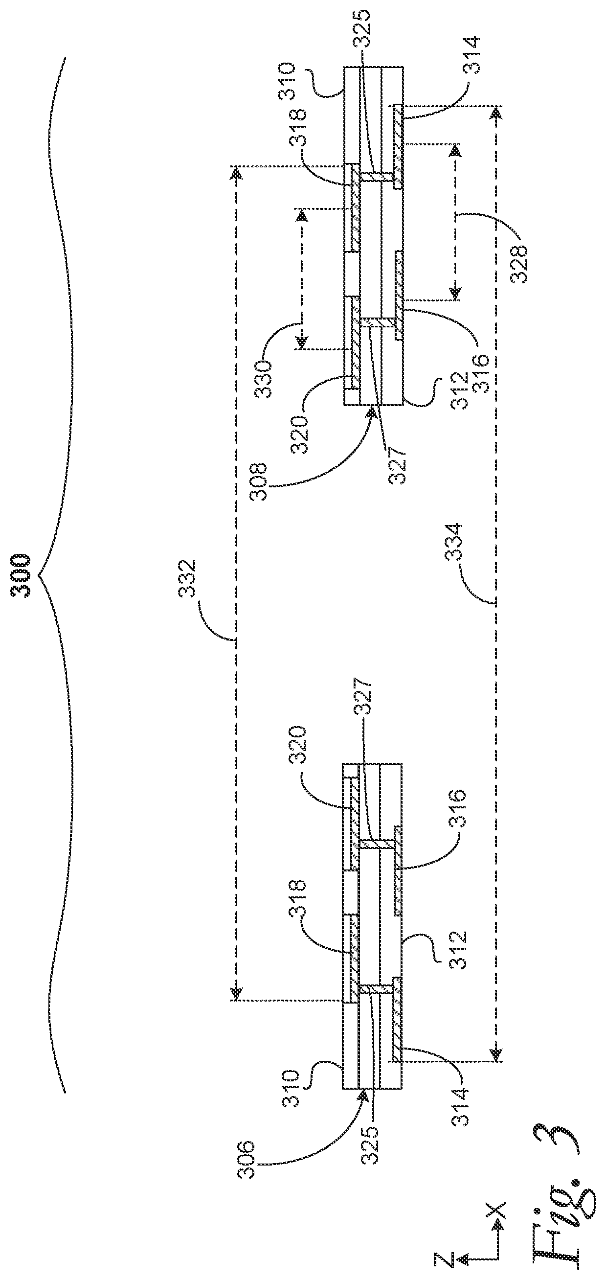 Patent US12107082 Figure 3 – Offset interposers for large-bottom packages and large-die package-on-package structures
