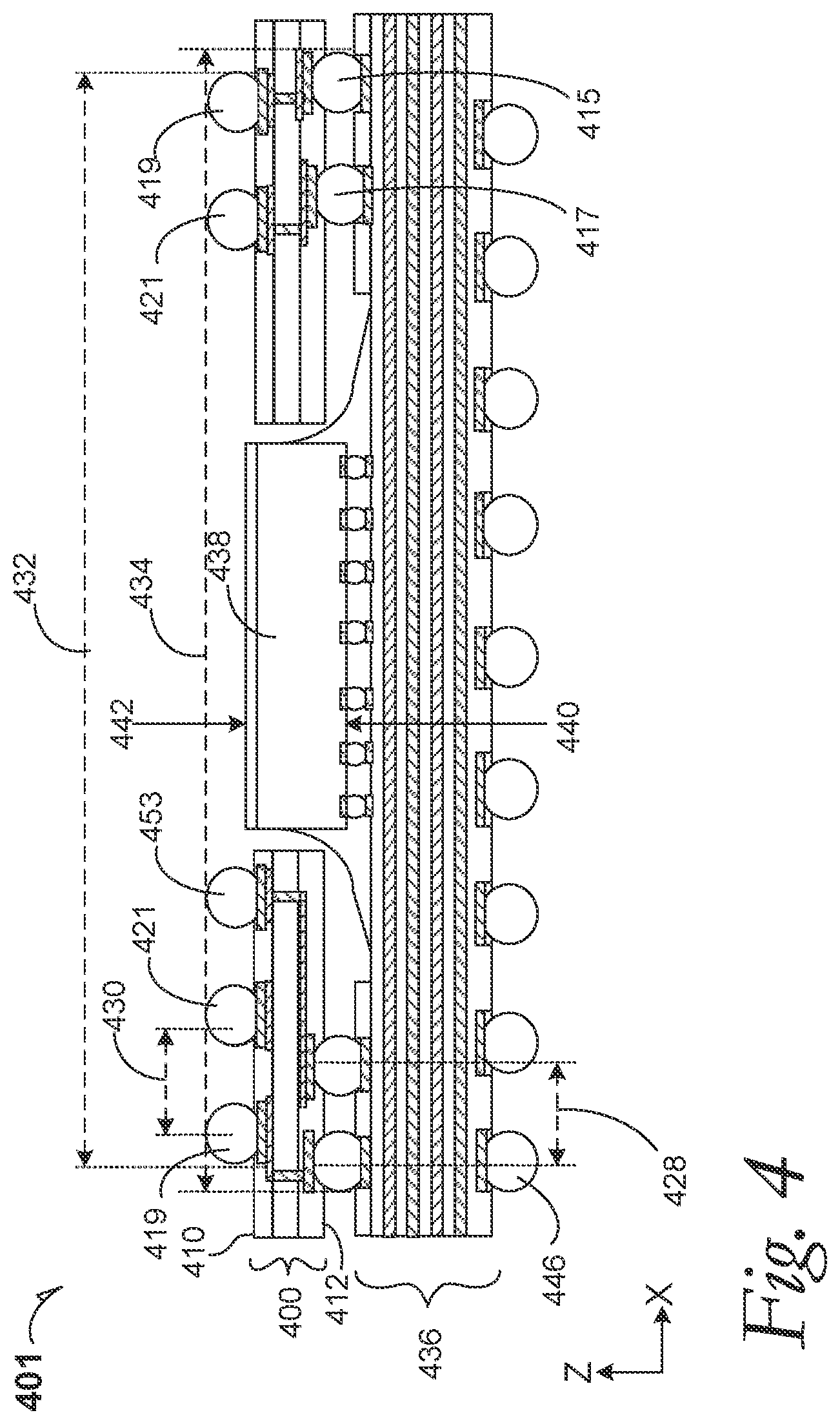 Patent US12107082 Figure 4 – Offset interposers for large-bottom packages and large-die package-on-package structures
