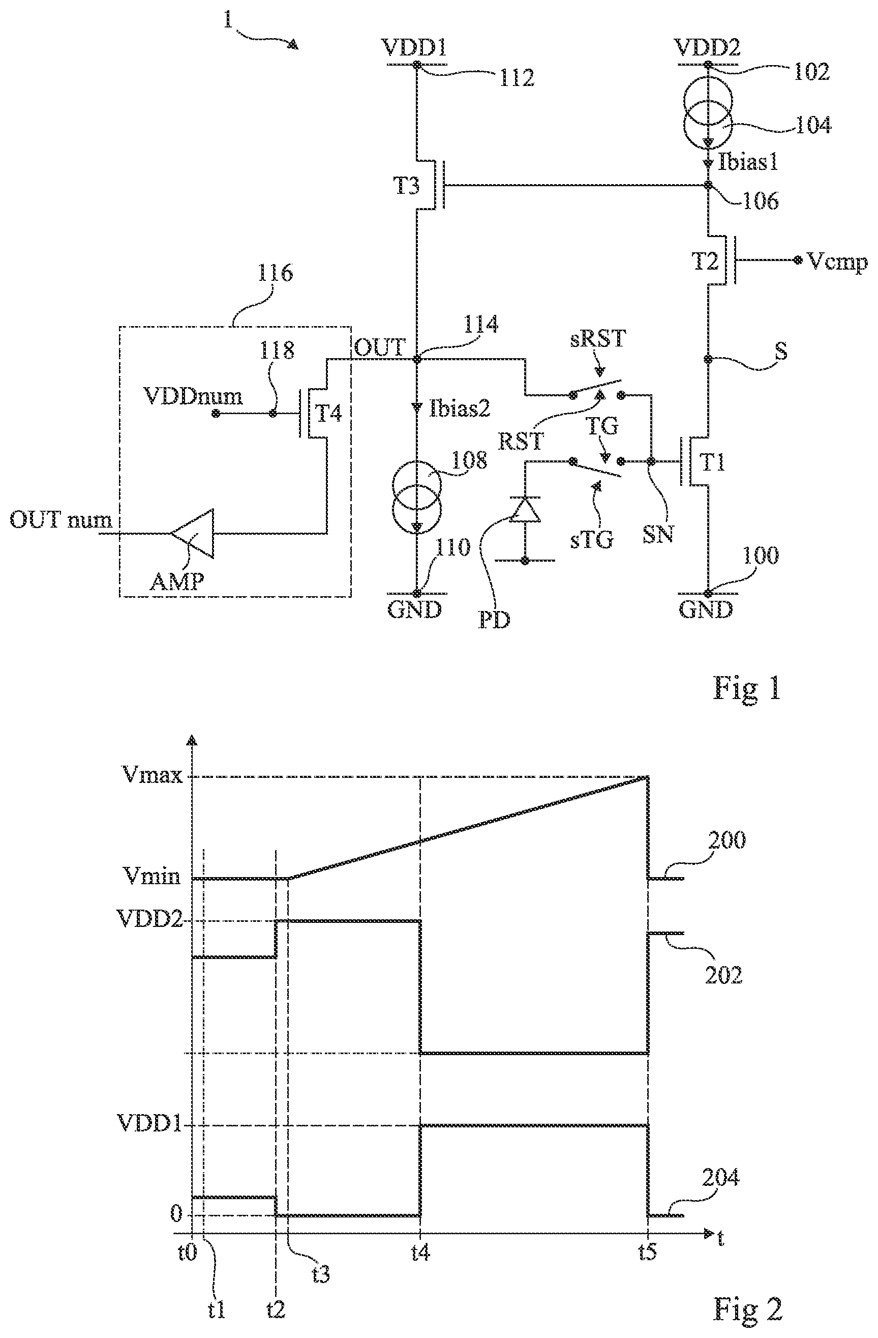 Patent US12107099 Figure 1 – Comparator of a voltage of a sense node of a pixel to a comparison voltage