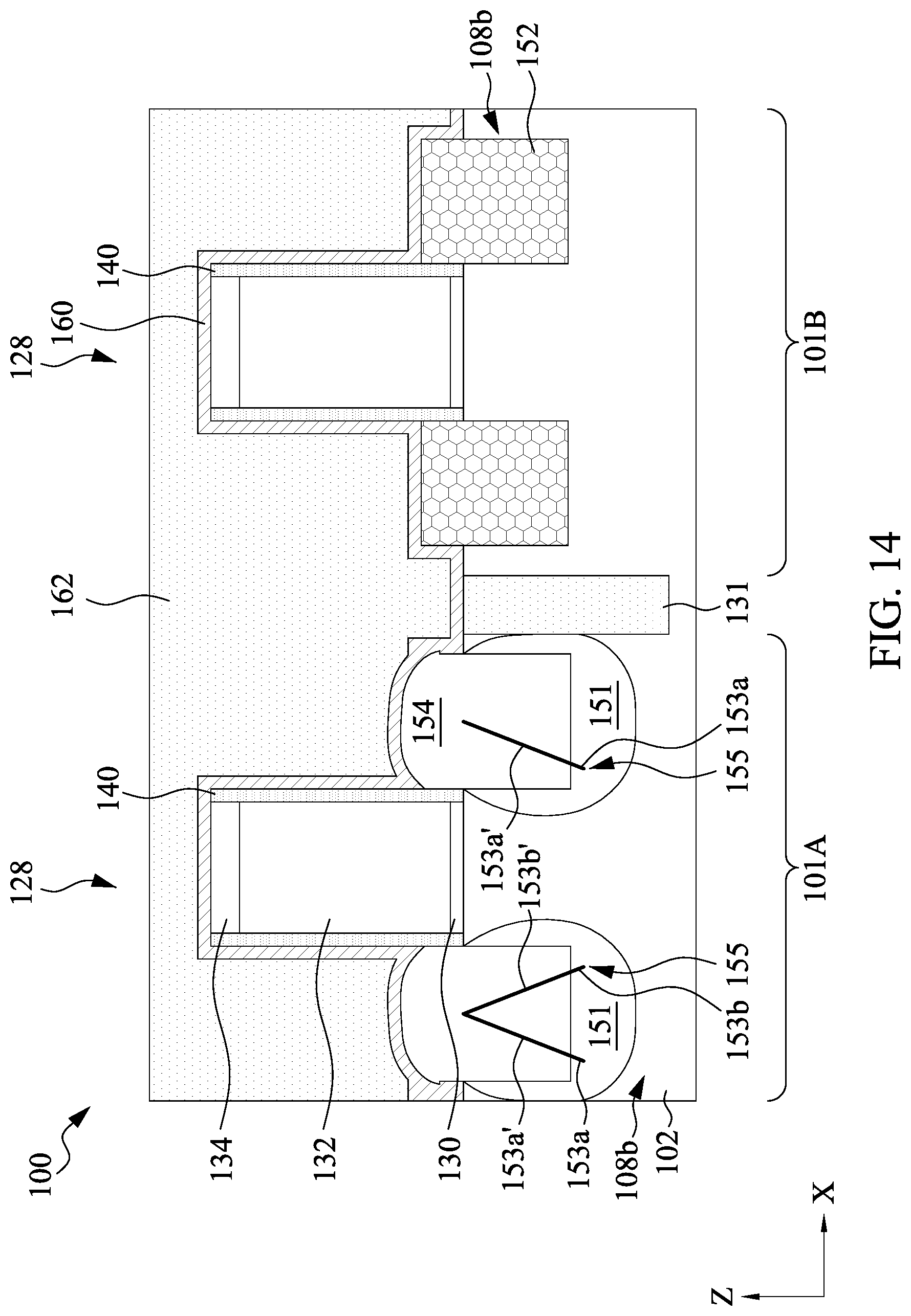 Patent US12107163 Figure 14 – Semiconductor device structure having dislocation stress memorization and methods of forming the same