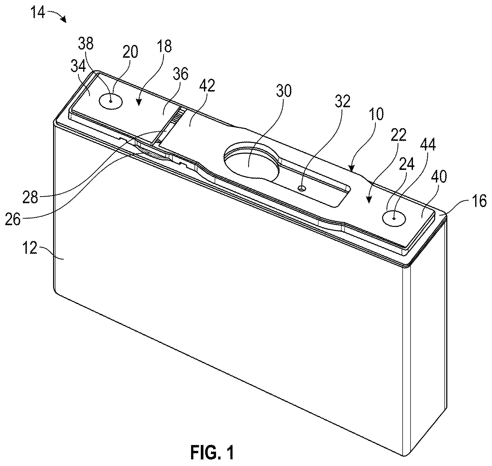 Patent US12107302 Figure 1 – Overcharge protection device with uneven terminal pads