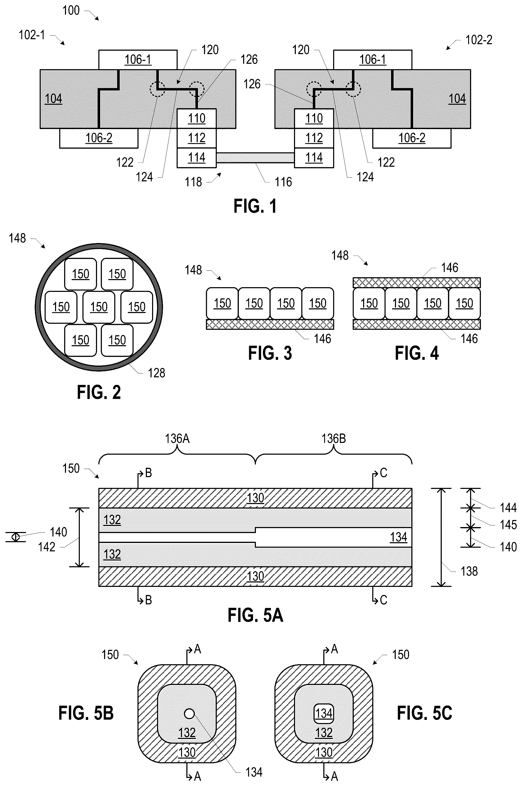 Patent US12107314 Figure 1 – Microelectronic support for millimeter-wave communication including a transmission line trace and via pad spaced apart from a respective anti-trace and anti-pad