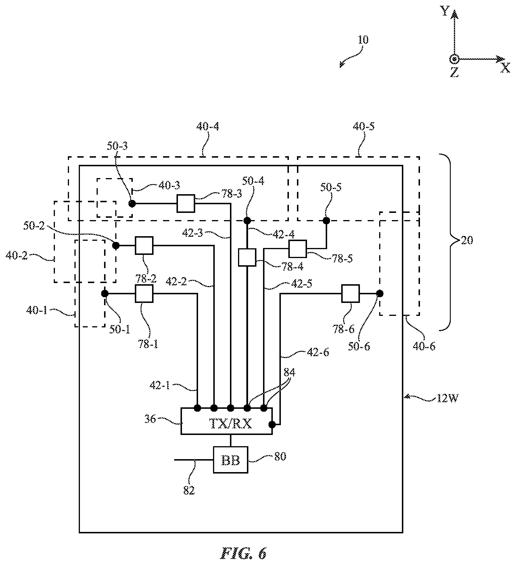 Patent US12107335 Figure 6 – Electronic devices with distributed slot antenna structures